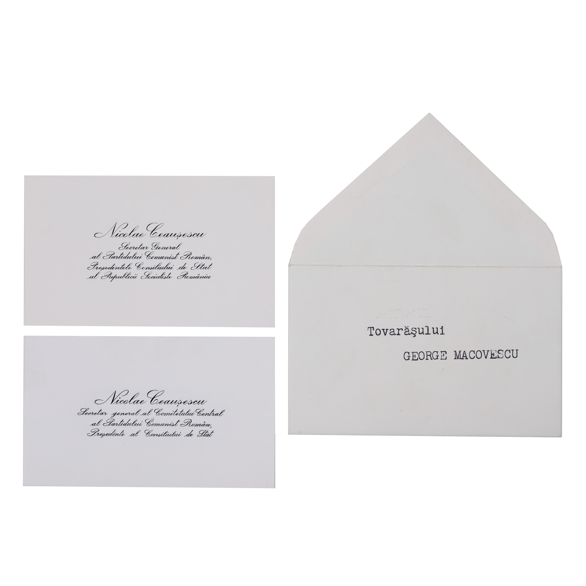 Two visiting cards sent by Nicolae Ceaușescu, with a message of thanks, to George Macovescu, together with the original envelope, originating from the collection of the former Minister of Foreign Affairs, George Macovescu, circa 1976