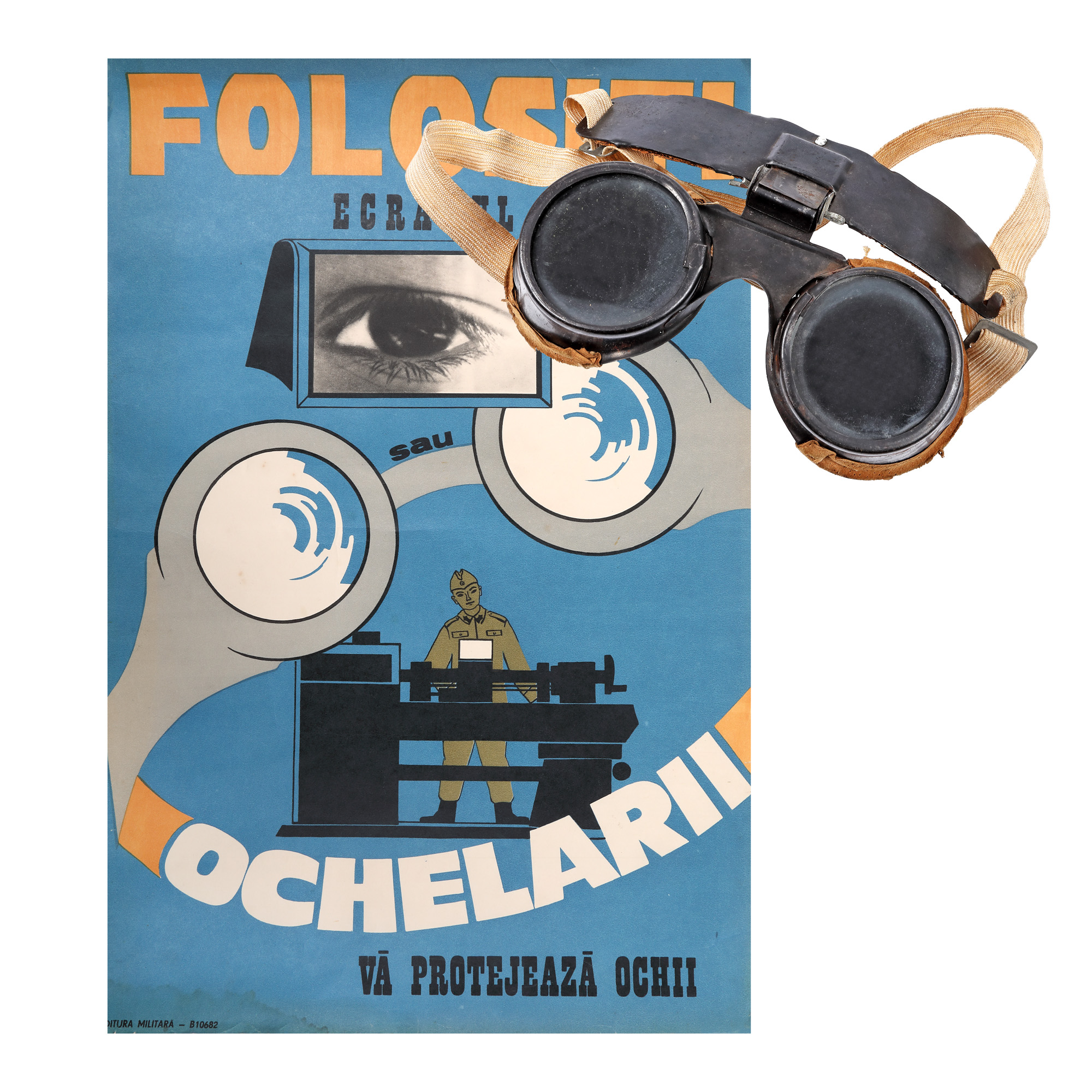 Set of "Use the screen or the goggles" poster and goggles, the 1970s