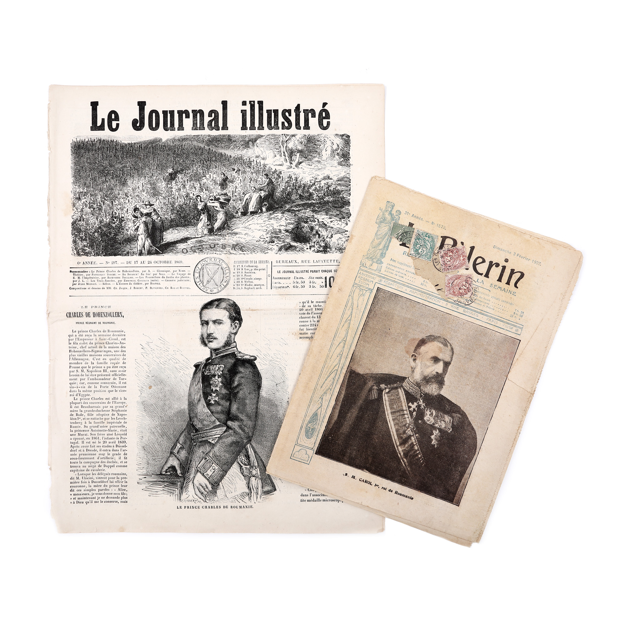 Lot format din două reviste ilustrându-l pe Carol I, Domn și Rege, Franța, 1869 și 1907