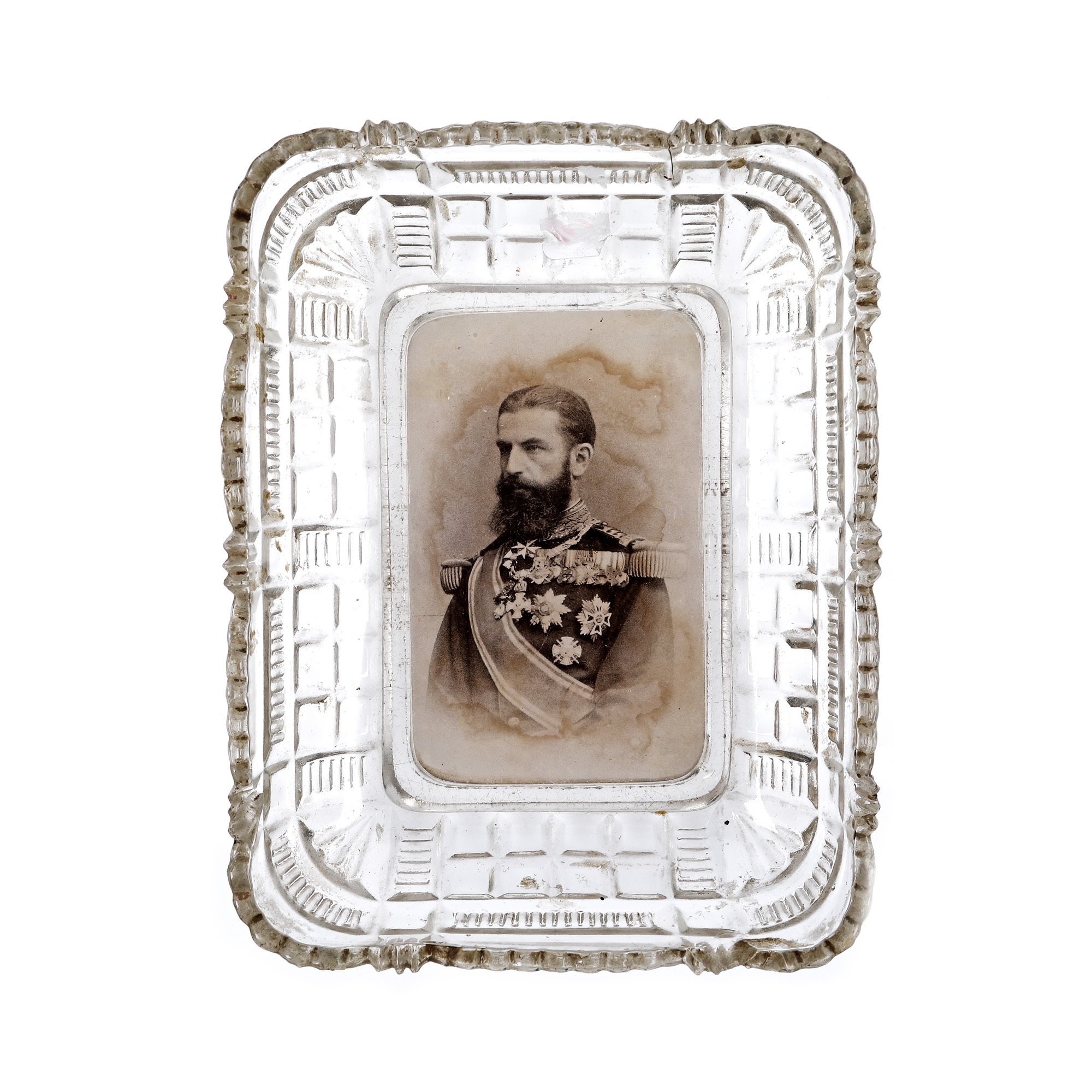 Vide-poche made of glass, picturing King Charles I of Romania, start of 20th century