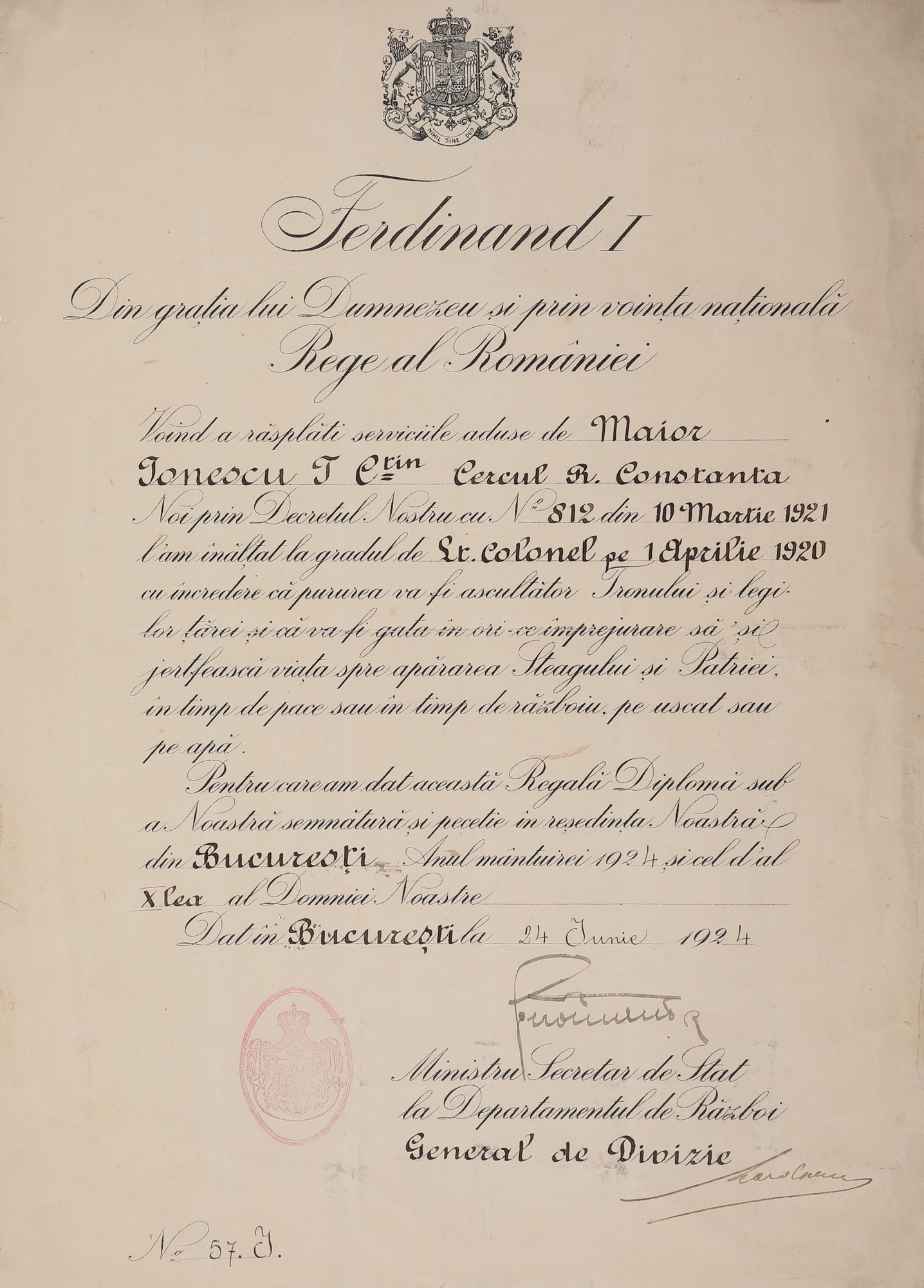 Licence for rank advancement, with King Ferdinand’s handwritten signature, 24 June 1924