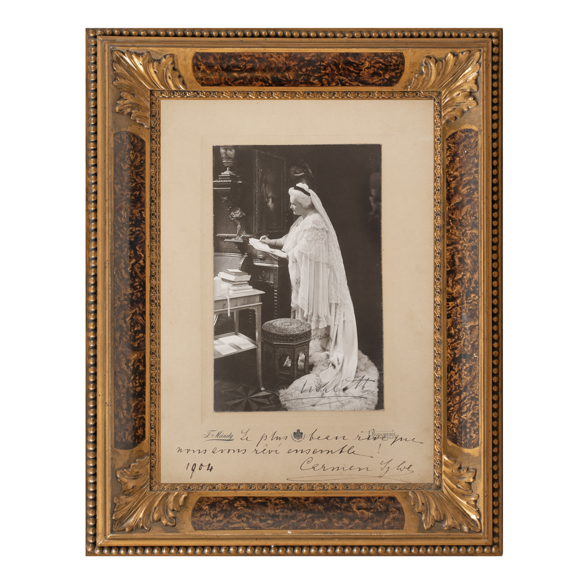 Queen Elizabeth, photograph, with the dedication "the most beautiful dream we dreamed together" and handwritten signature, Bucharest, 1904.