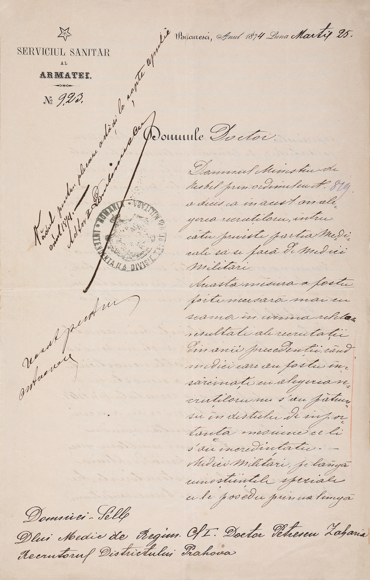 Lot format dintr-un document emis de Serviciul Sanitar al Armatei, cu semnătura olografă a lui Carol Davila, 25 martie 1874, piesă rară, de colecție