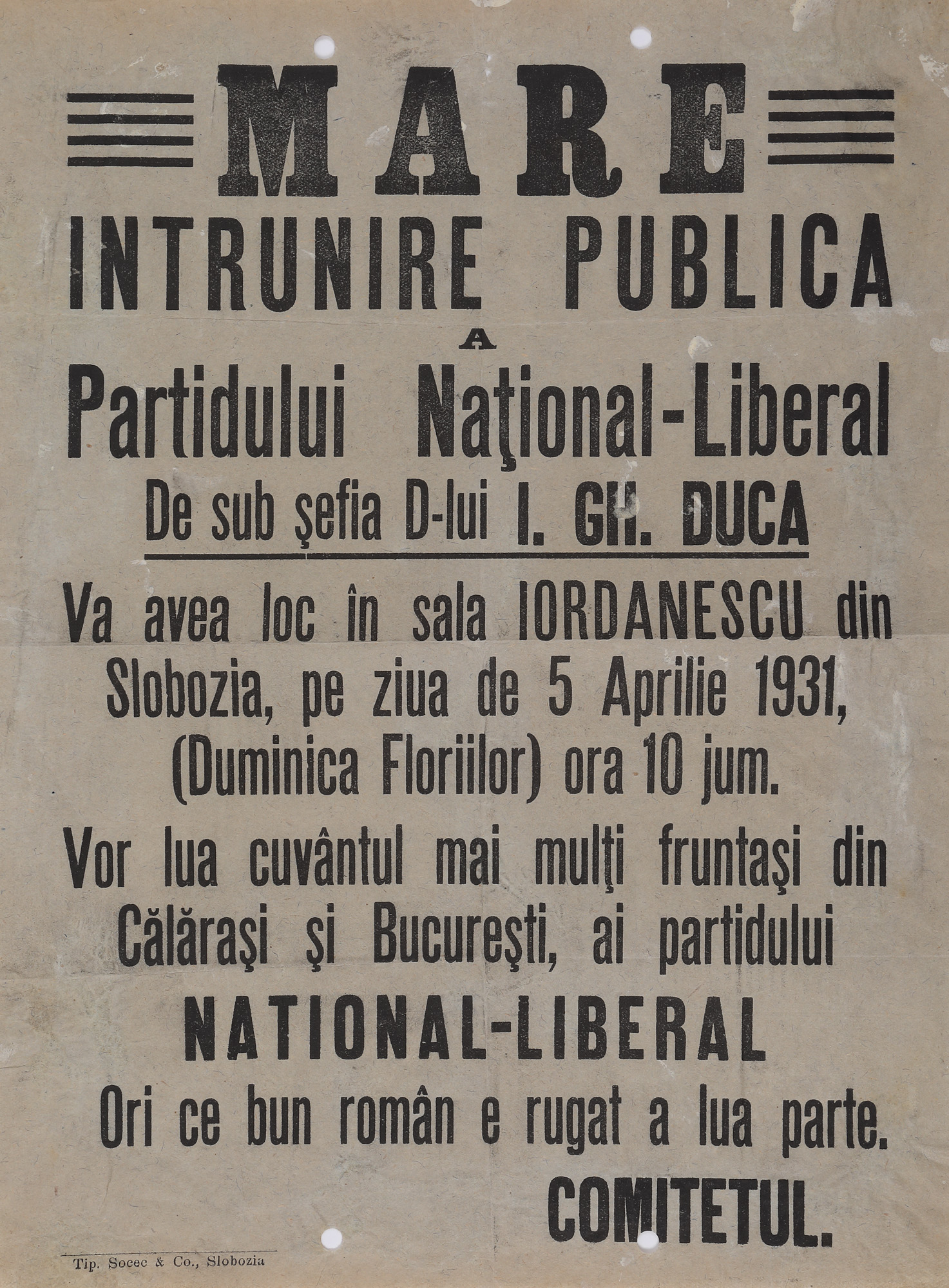 Afiș de propagandă electorală, Partidul Național Liberal, comitetul Slobozia, Ialomița, 1931
