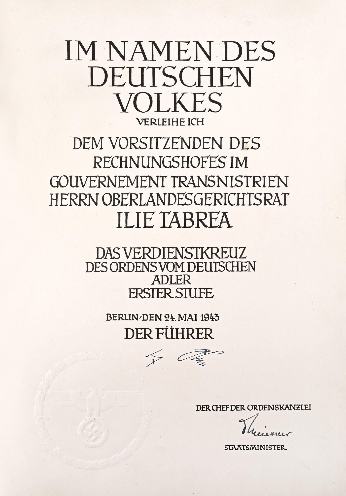 Patent granted to the President of the Court of Auditors Council, Transnistria Region, Ilie Țabrea, signed in facsimile by Adolf Hitler, May 24, 1943, with dry seal