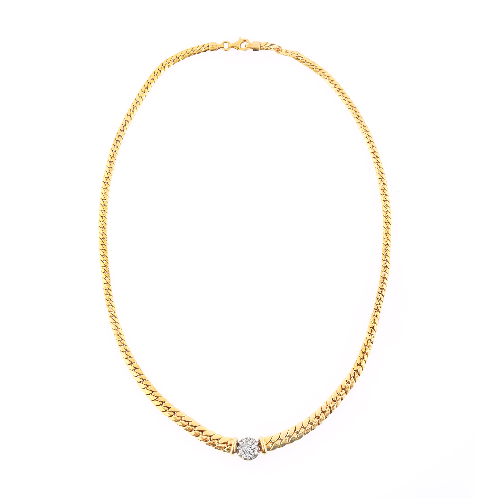Two-tone gold necklace, centrally decorated with floral diamonds