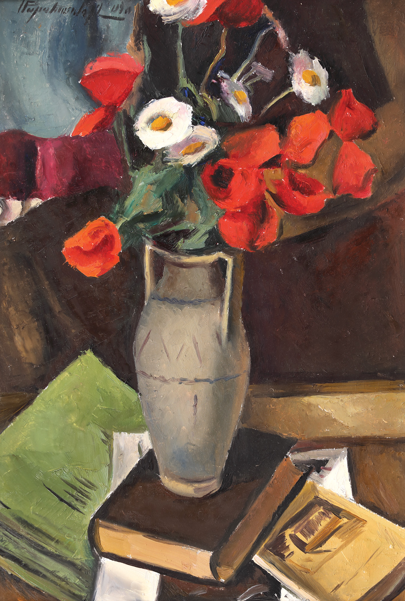 Still life with poppies and books