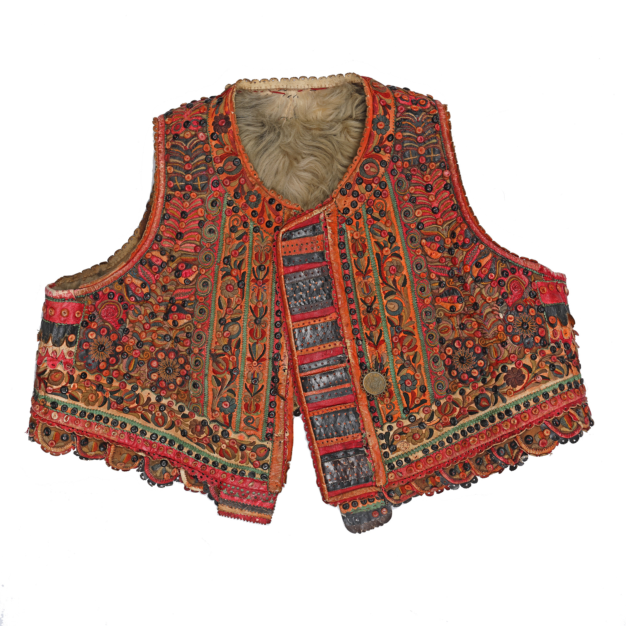 Pieptar din lână, brodat cu motive florale și medalion cu monedă, semnat, Câmpia de Vest, datat 1929