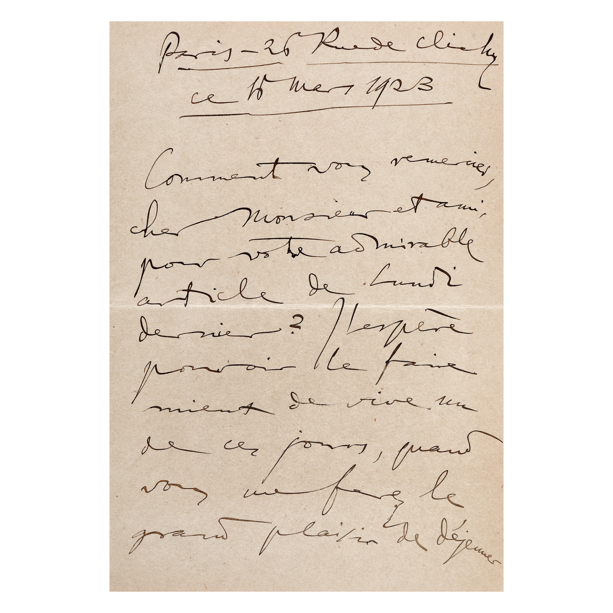 Friendly letter sent by George Enescu to his friend and music critic Robert Brussel, Paris, 1923, with the composer's handwritten signature (1 page)