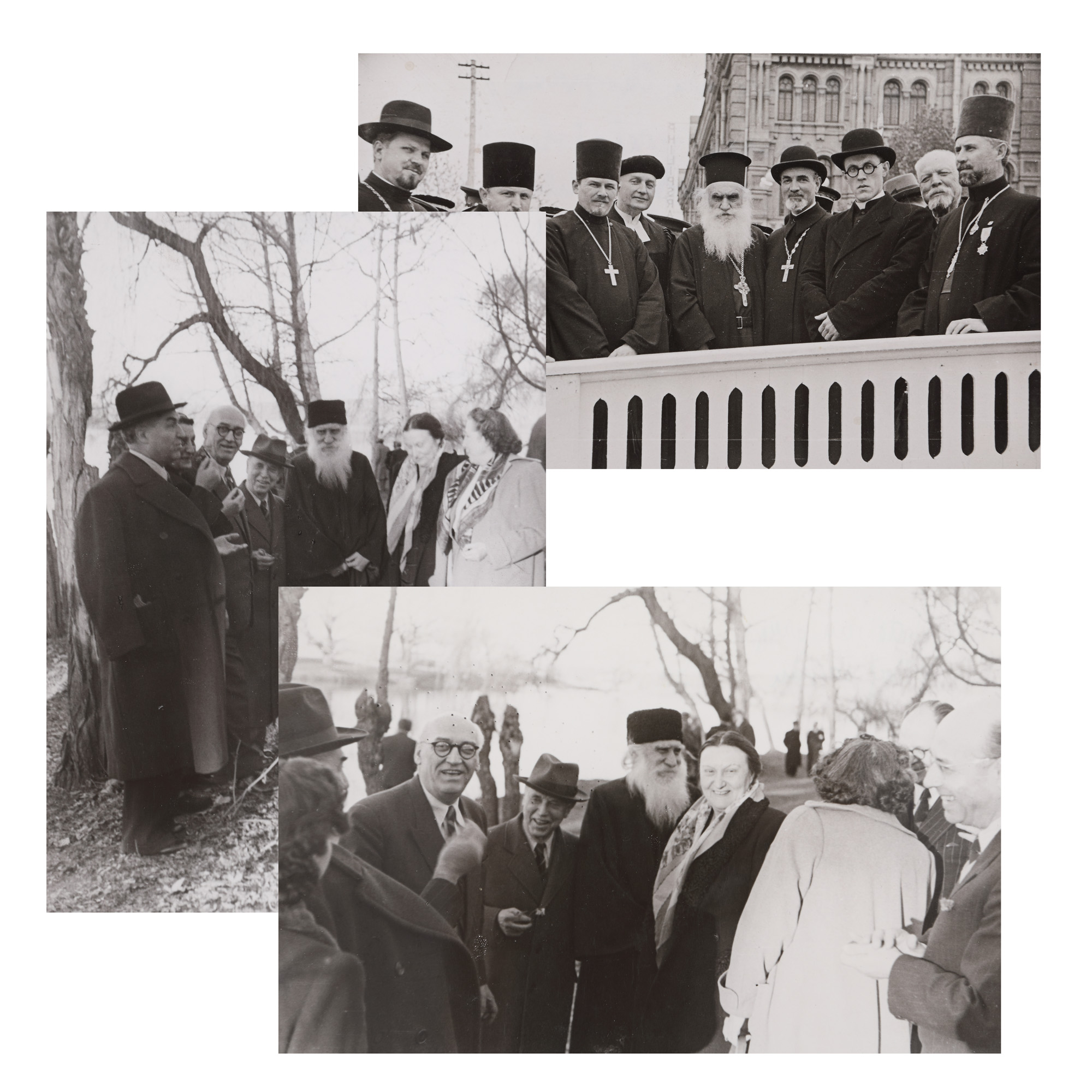 Lot format din trei fotografii ilustrându-l pe Gala Galaction în momentul unor evenimente oficiale, dintre care unul alături de Constantin I. Parhon și unul la Chișinău, cca 1927-1950, provine din colecția istorică Șerban Țuculescu-Maria Galaction