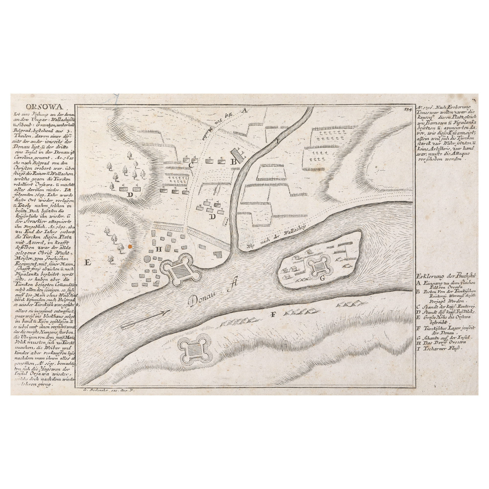 Vedută "Orșova", ilustrând și insula Ada Kaleh, de Gabriel Bodenehr, cca. 1720