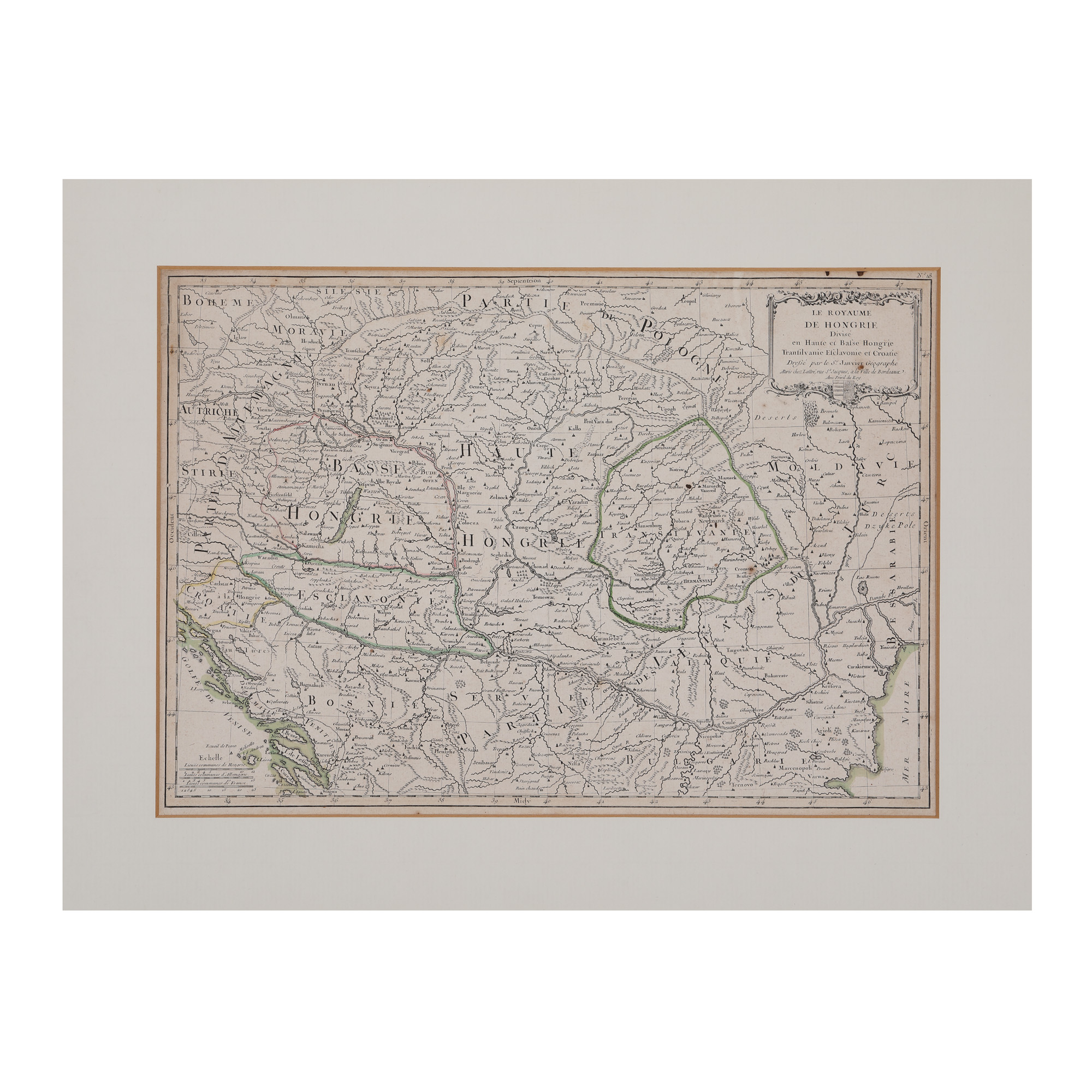 Hartă "Regatul Ungariei împărțit în Ungaria Superioară și Inferioară, Transilvania, Esclavonia și Croația", de Jean Janvier, Paris, cca. 1780
