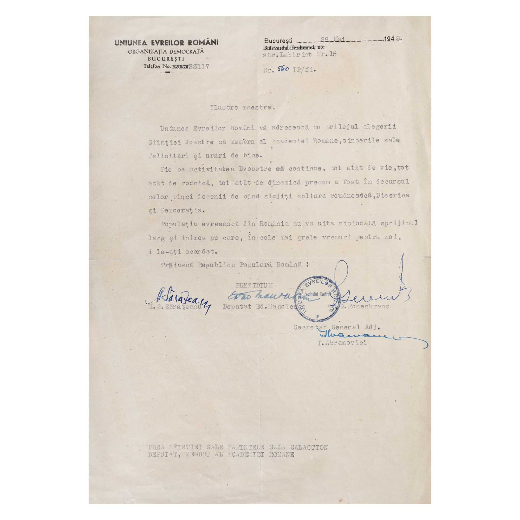 Scrisoare din partea Uniunii Evreilor Români către Gala Galaction, 1948, provine din colecția istorică Șerban Țuculescu-Maria Galaction
