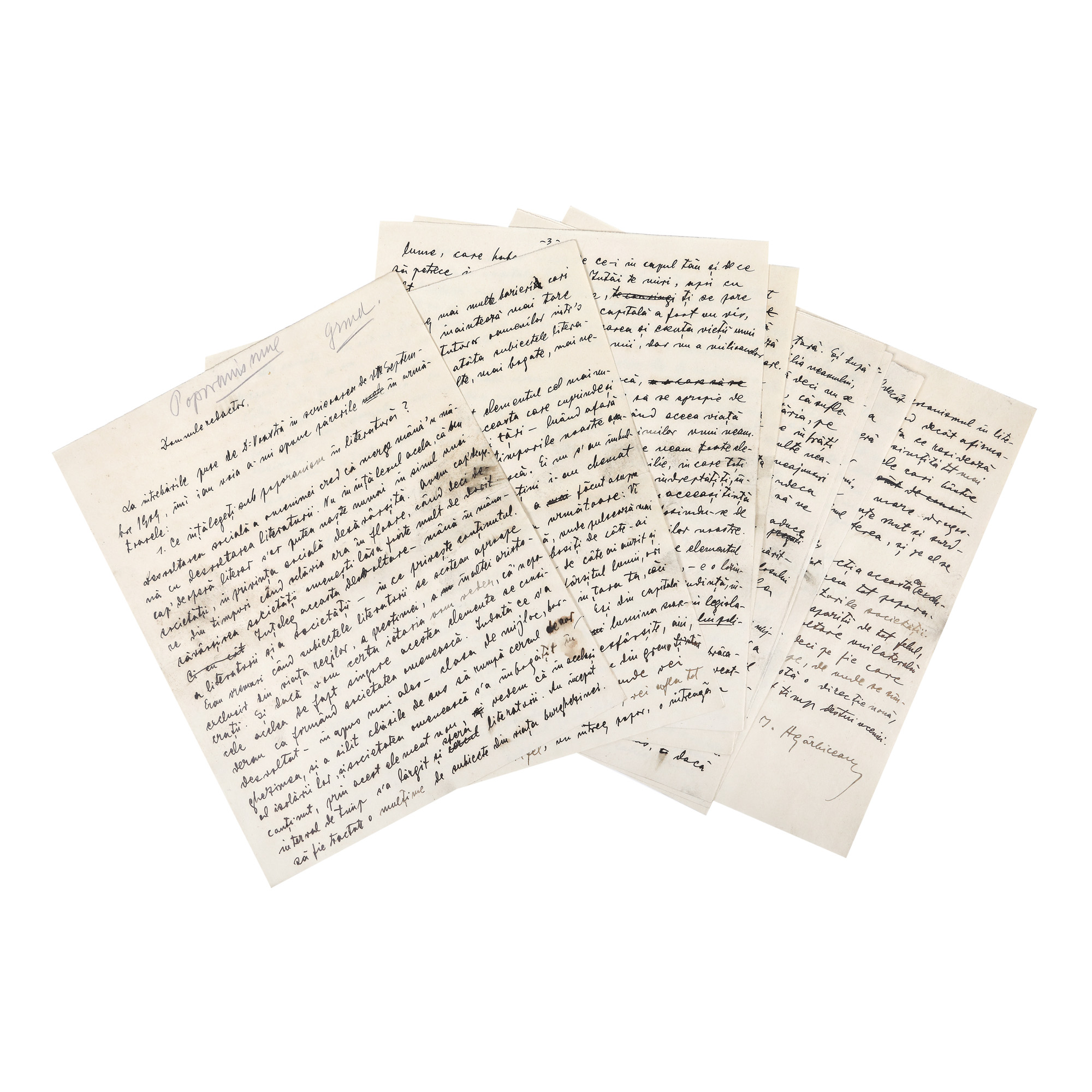 Manuscript by Ion Agârbiceanu, on Poporanism, approximately 1912, with autograph (8 pages)