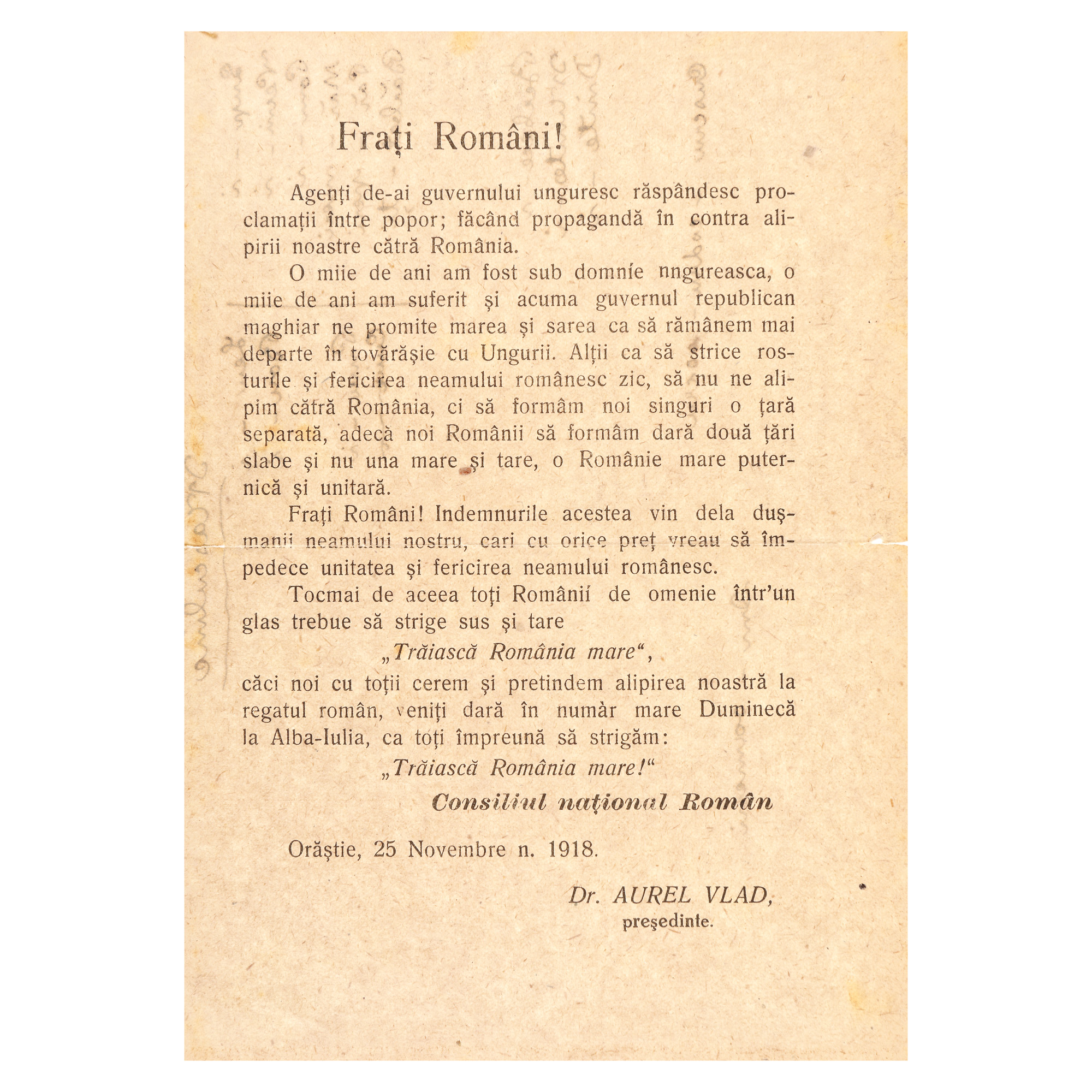 Manifesto of the Romanian National Council of Transylvania, "Frați Români!", Orăștie, November 25, 1918, collector's item