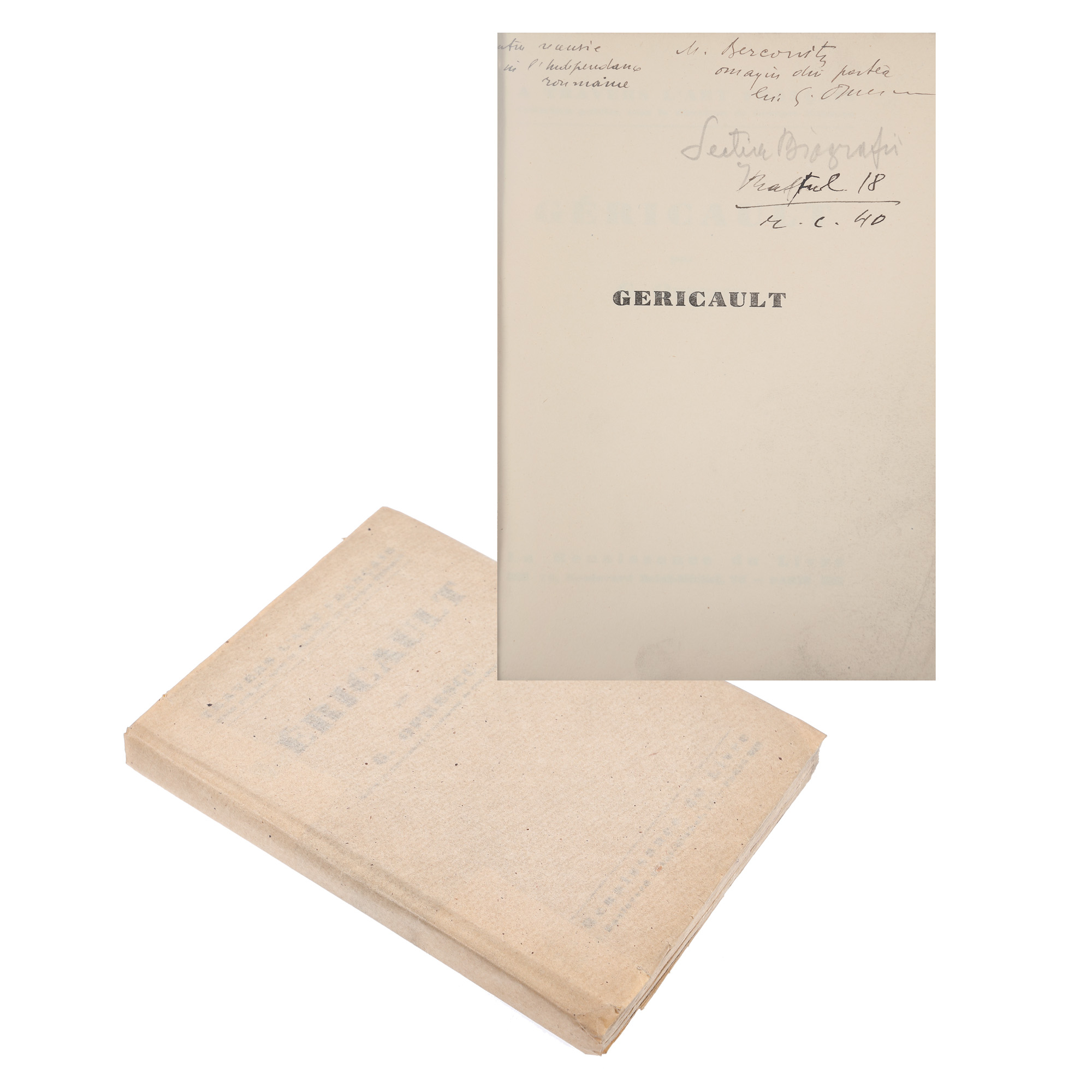 ”Gericault”, de George Oprescu, franceză, Paris, cu dedicația autorului către M. Becovitz, provine din colecția criticului literar Șerban Cioculescu