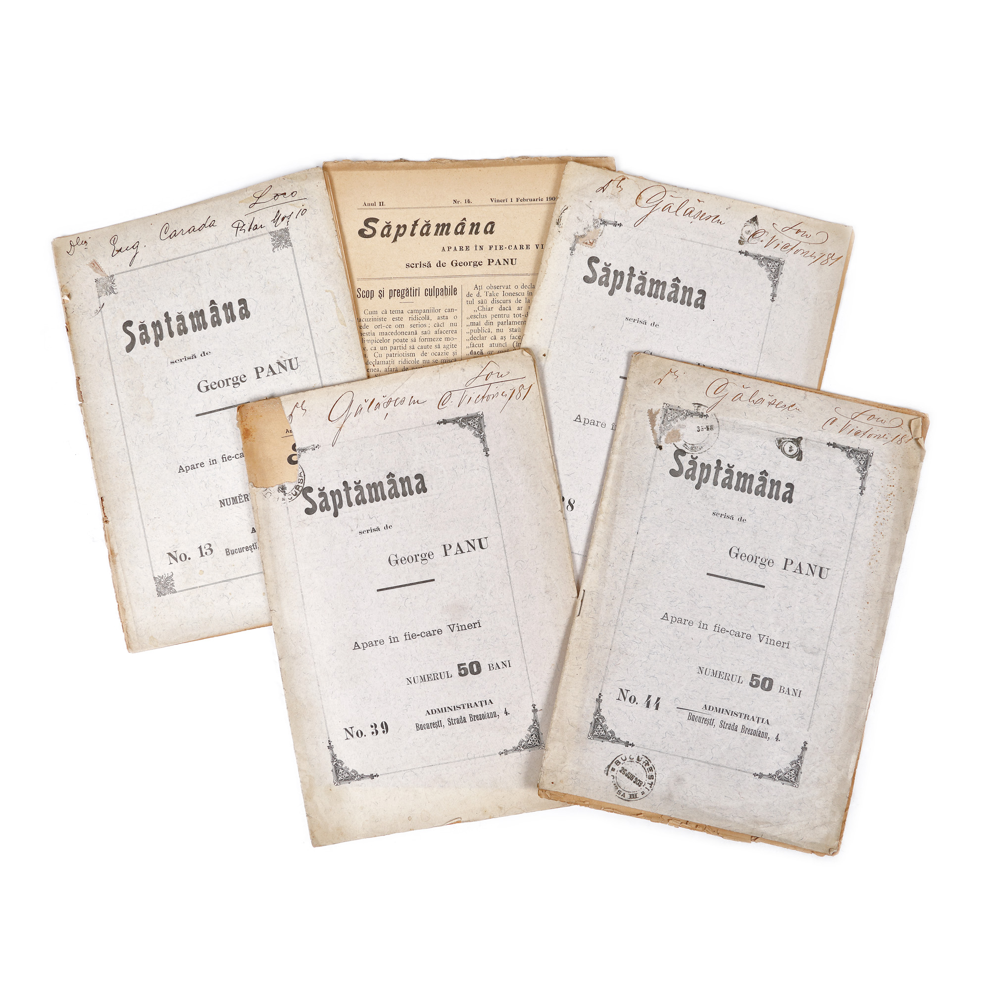 Lot format din cinci reviste ”Săptămâna”, editor George Panu, București, 1902-1903, provine din colecția criticului literar Șerban Cioculescu