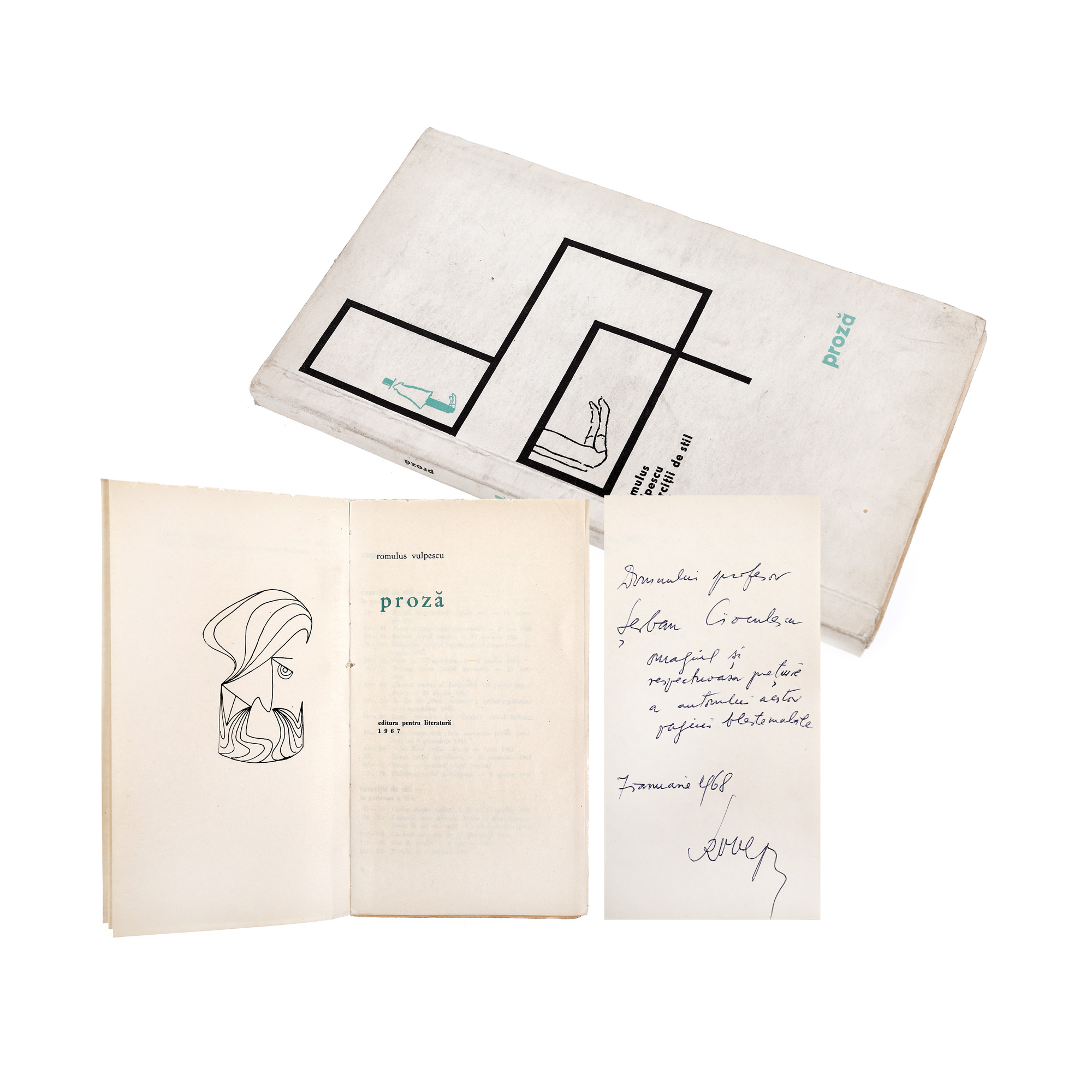 "Exerciții de stil" ("Style Exercises"), by Romulus Vulpescu, Bucharest, 1965, uncut copy with the author's dedication to Șerban Cioculescu, from the collection of literary critic Șerban Cioculescu 