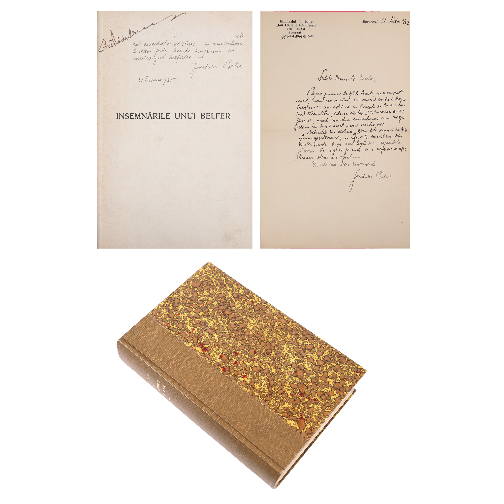 Lot ”Însemnările unui belfer”, de Ioachim Botez, București, 1935, 2 volume colegate nedestinate comerțului, cu ex-libris și dedicația autorului, și o scrisoare de Ioachim Botez, provin din colecția criticului literar Șerban Cioculescu