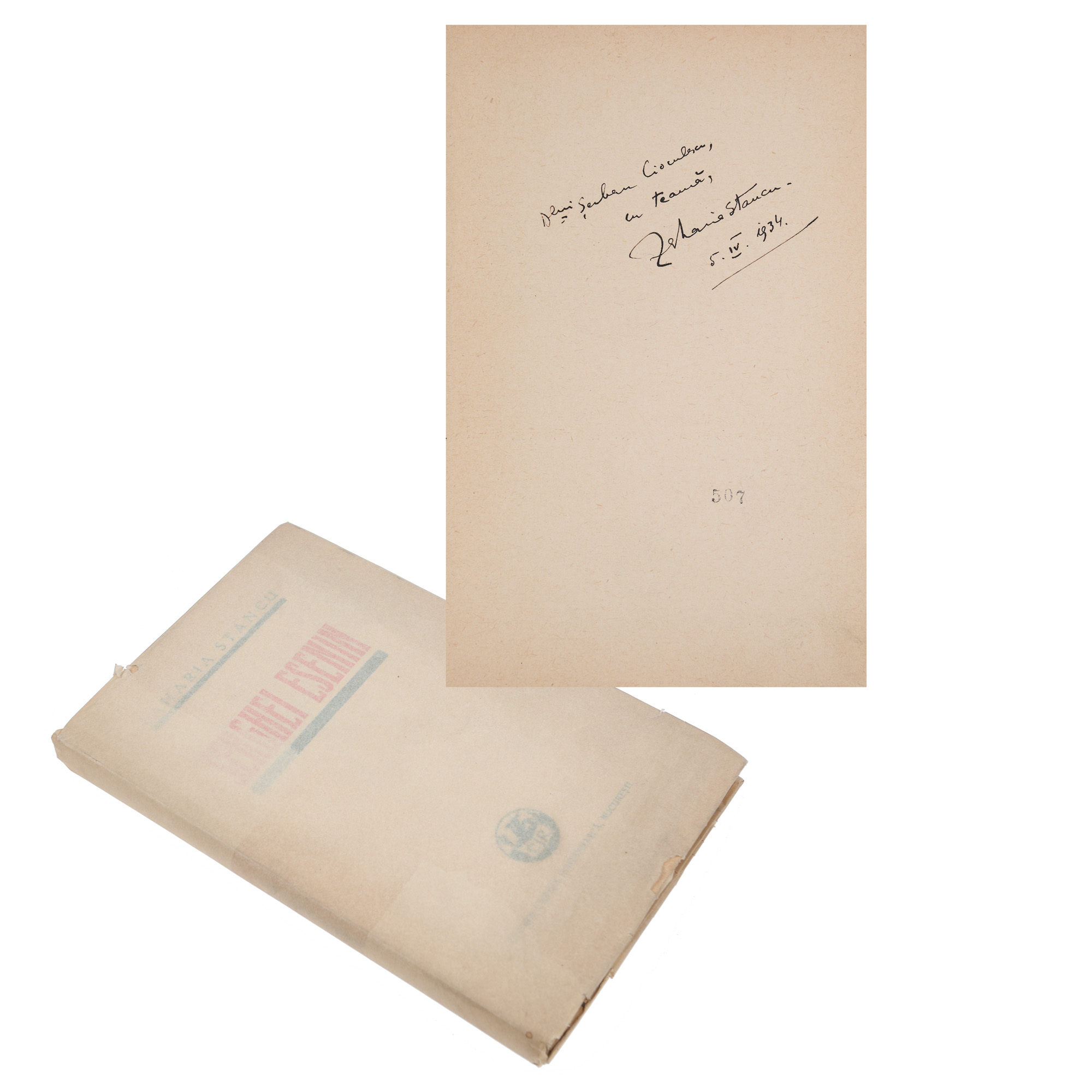 ”Tâlmăciri din Serghei Esenin”, de Zaharia Stancu, București, 1934, cu dedicația autorului către Șerban Cioculescu, provine din colecția criticului literar Șerban Cioculescu
