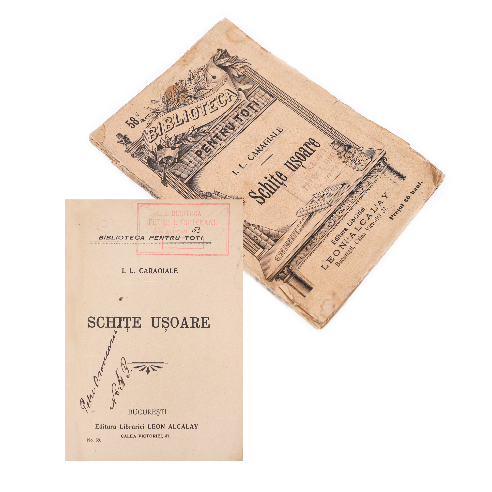 ”Schițe ușoare”, de Ion Luca Caragiale, București, 1925, cu ex-libris Petre Oroveanu, provine din colecția criticului literar Șerban Cioculescu