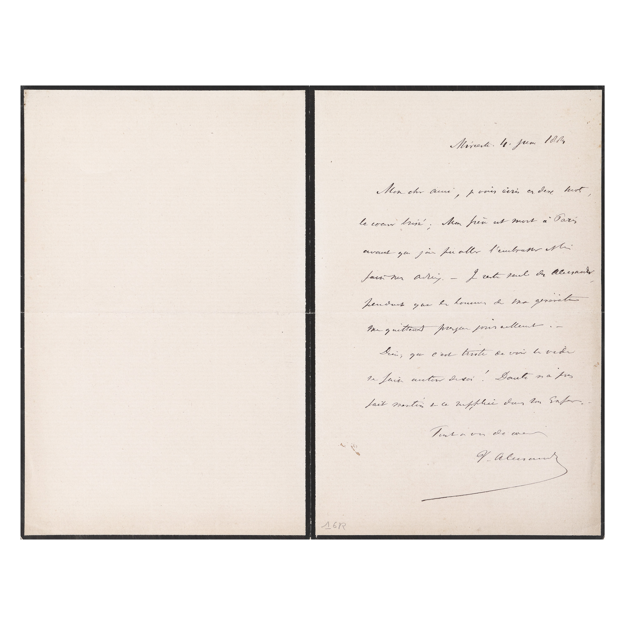 Scrisoare trimisă de Vasile Alecsandri către un prieten, despre moartea fratelui său, franceză, Mircești, 4 iunie 1884, cu semnătura olografă a poetului, piesă de colecție (o filă)