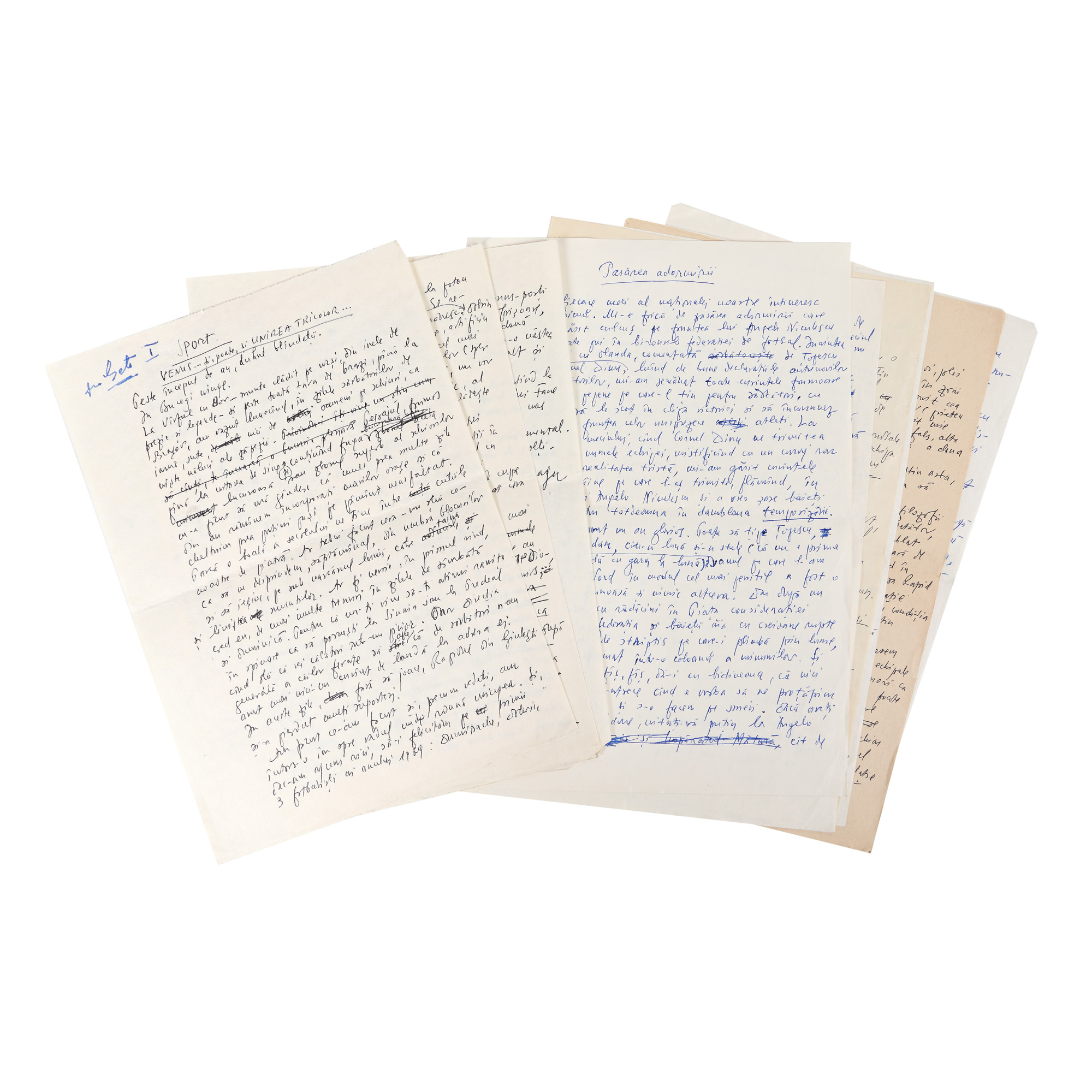 Lot format din cinci manuscrise de Fănuș Neagu cu texte despre sport: ”Venus ... și, poate și Unirea Tricolor”, ”Pasărea adormirii”, ”Amestecate”, ”Dincolo de geam”, ”În pas alergător”, cu semnături olografe (11 file)