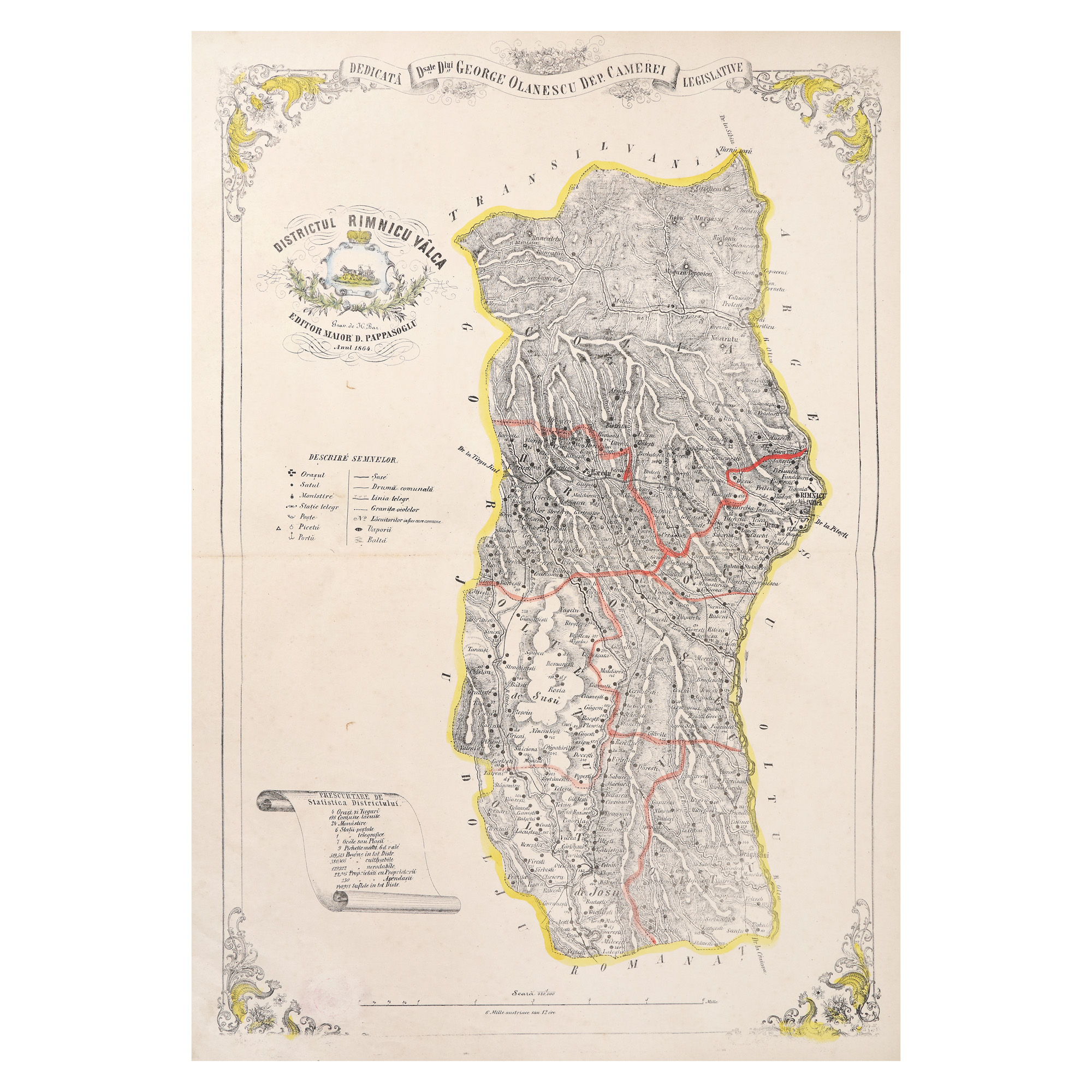 "Districtul Râmnicul Vâlcea" ("District of Râmnicul Vâlcea") map by Dimitrie Papazoglu, Bucharest, 1864, very rare item