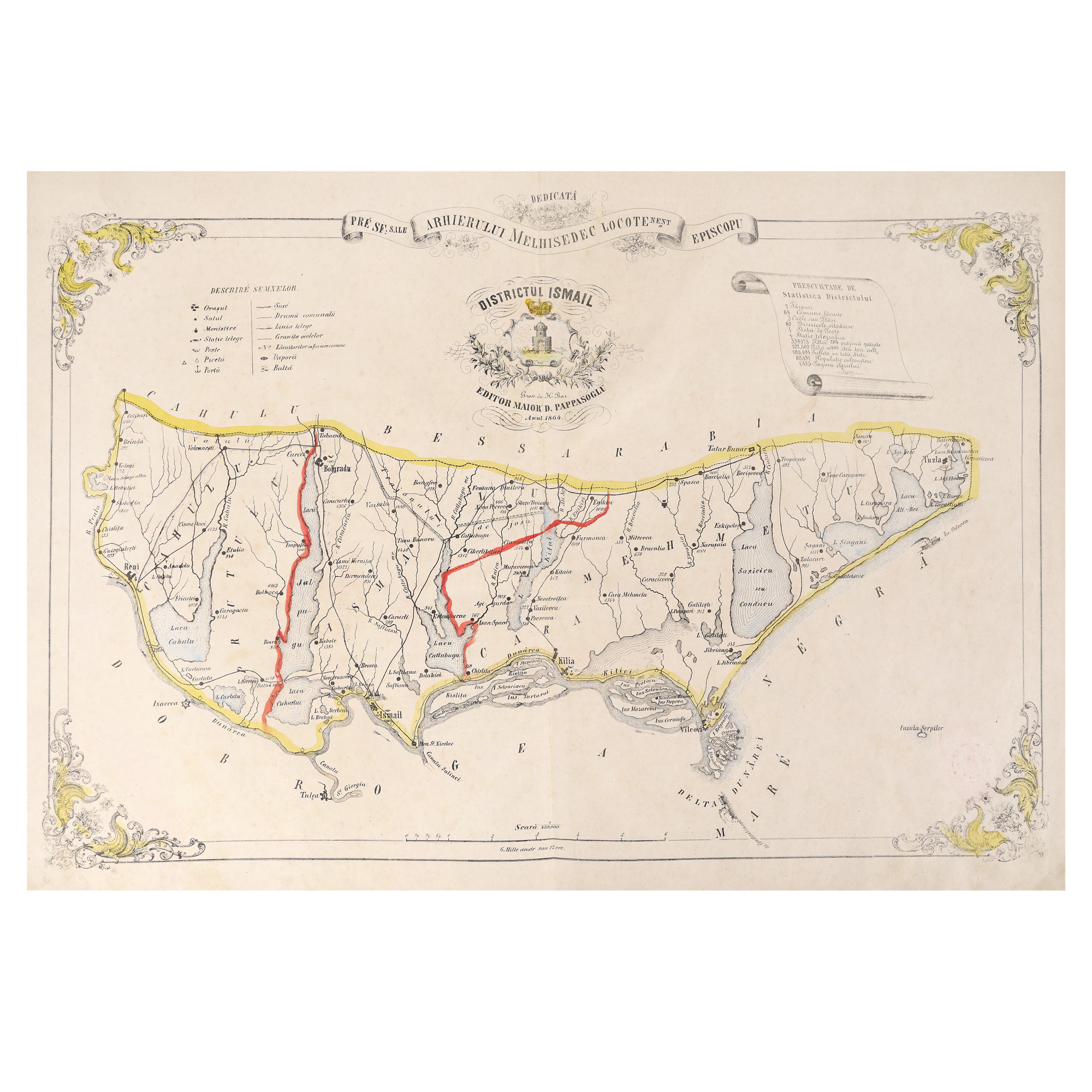 "Districtul Ismail" ("District of Ismail") map by Dimitrie Papazoglu, Bucharest, 1864, very rare item