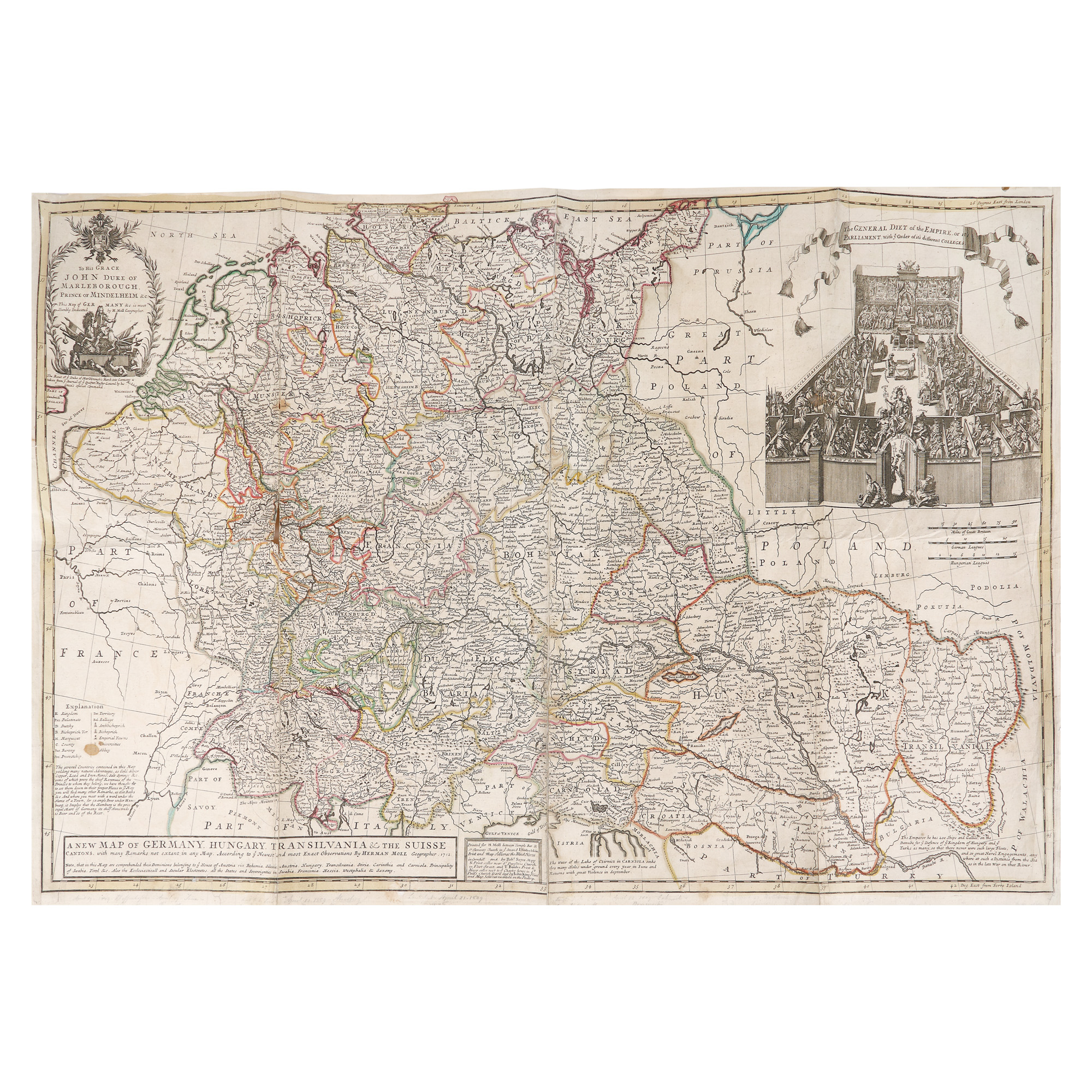Hartă ”Germania, Ungaria, Transilvania și Elveția”, de Herman Moll, Londra, 1712