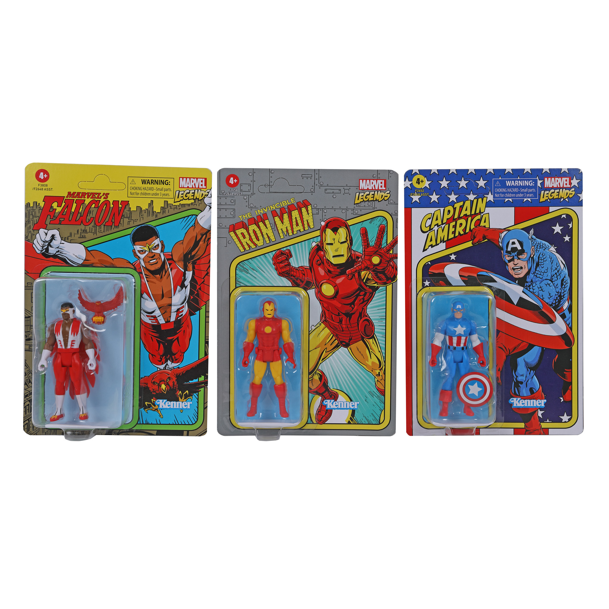 Set format din trei figurine Marvel Legends Retro Collection: Falcon, Captain America și Iron Man, în cutiile originale