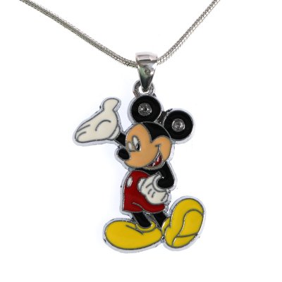 Silver chain with Mickey Mouse pendant, adorned with enamel, two white sapphires and a diamond