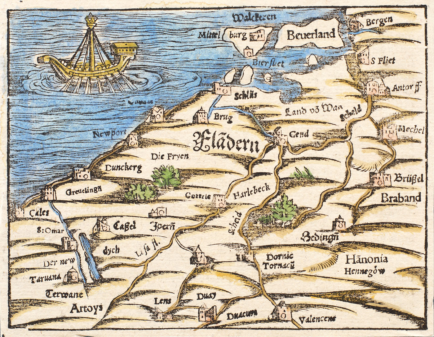 Harta provinciei Flandra, extrasă din celebrul volum ”Cosmographia”, de Sebastian Münster,  cea mai veche descriere în limba germană a lumii, Germania, sfârșitul sec. XVI-începutul sec. XVII, provine din colecţia Lucrezia și Ion Pacea