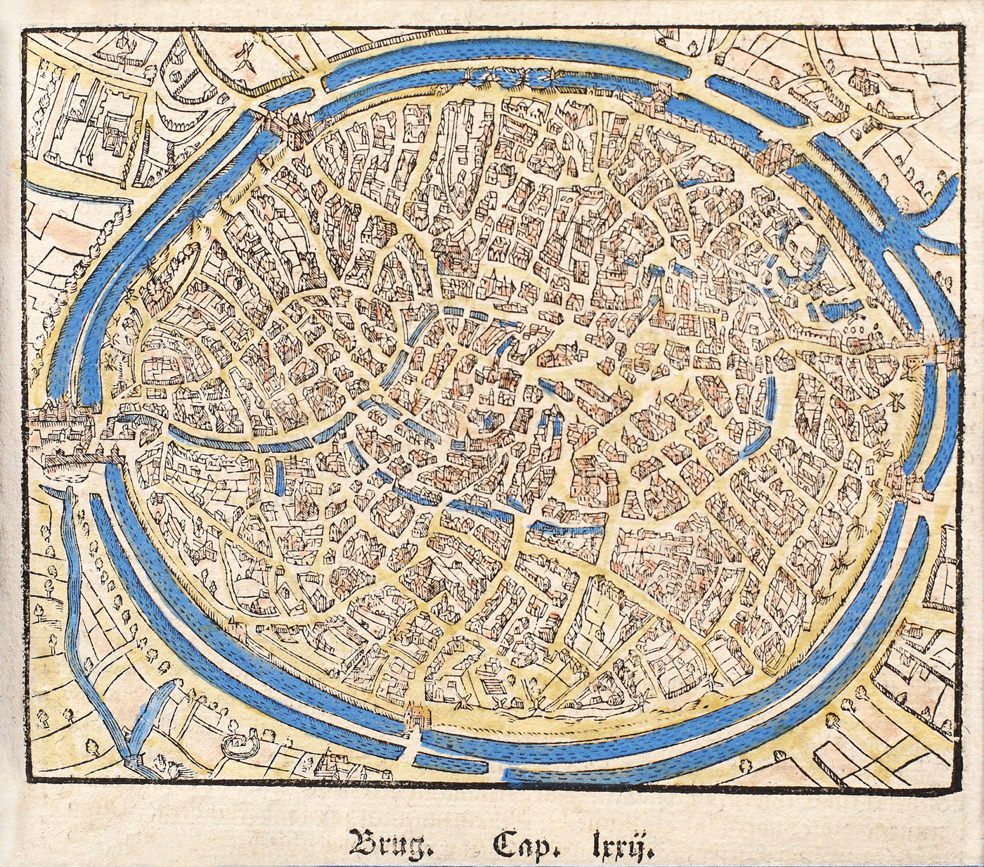 Harta orașului Bruges, Belgia, extrasă din celebrul volum ”Cosmographia”, de Sebastian Münster,  cea mai veche descriere în limba germană a lumii, Germania, sfârșitul sec. XVI - începutul sec. XVII, provine din colecţia Lucrezia și Ion Pacea