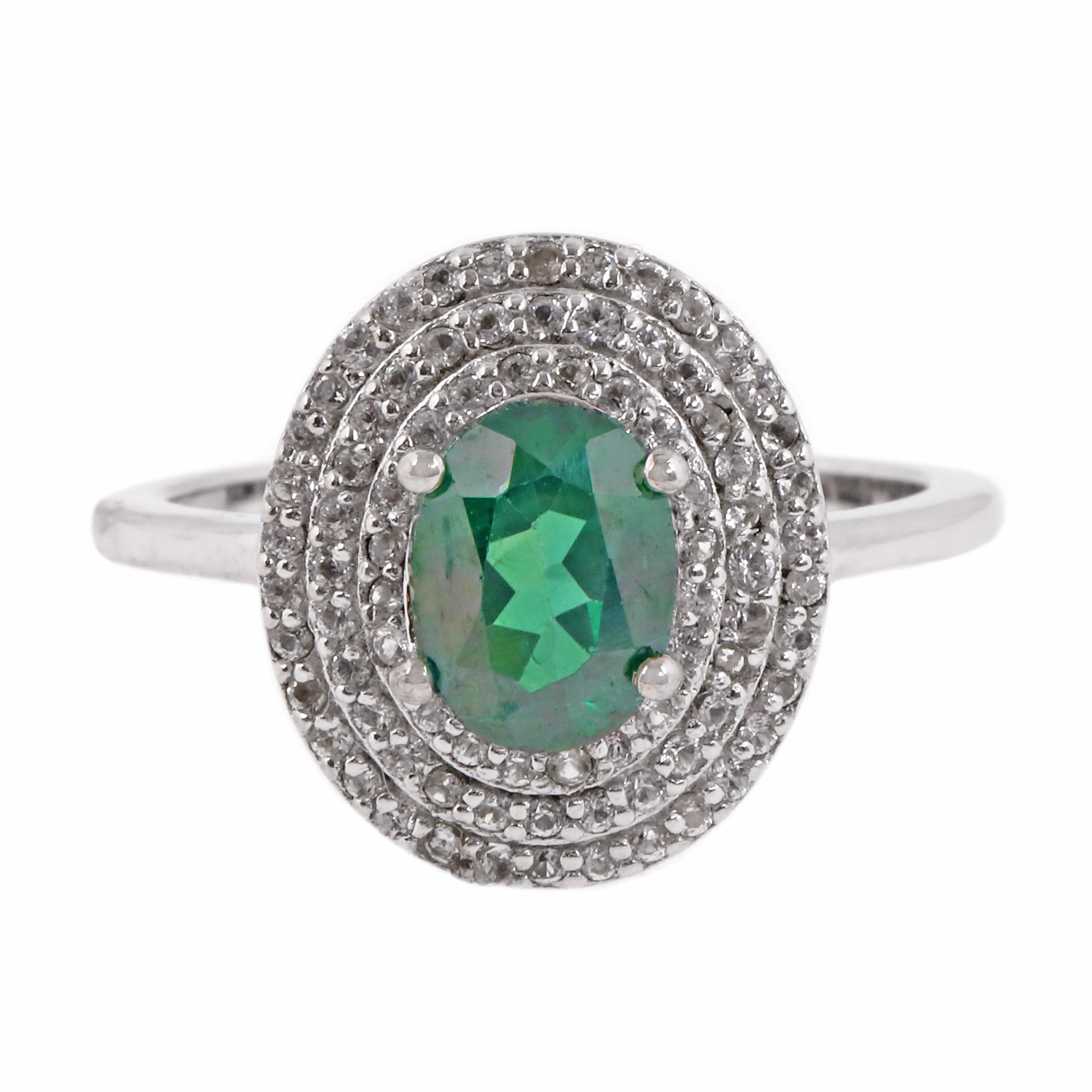 Silver ring, centrally decorated with green topaz, set with white topazes