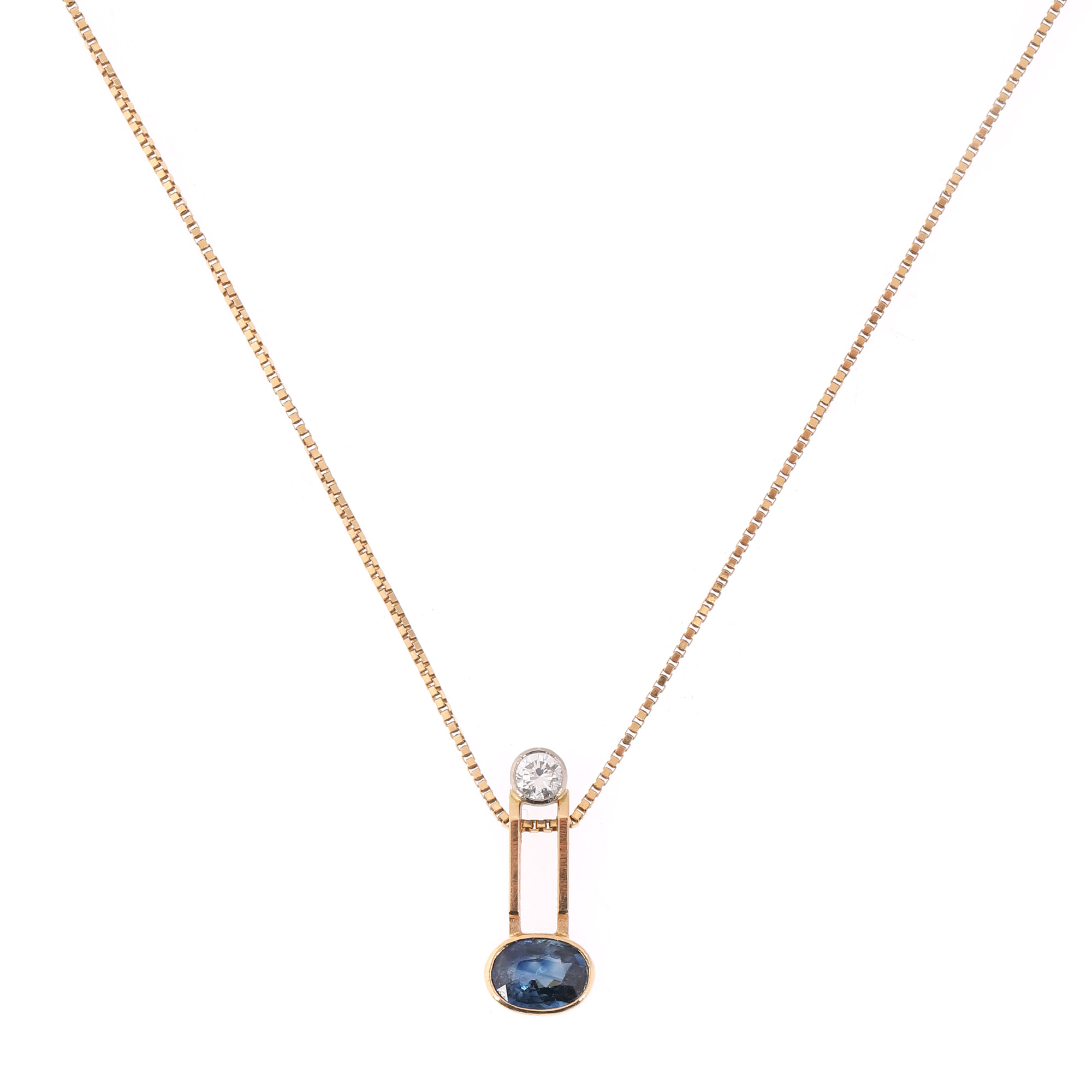 Gold necklace with pendant, decorated with sapphire and diamond