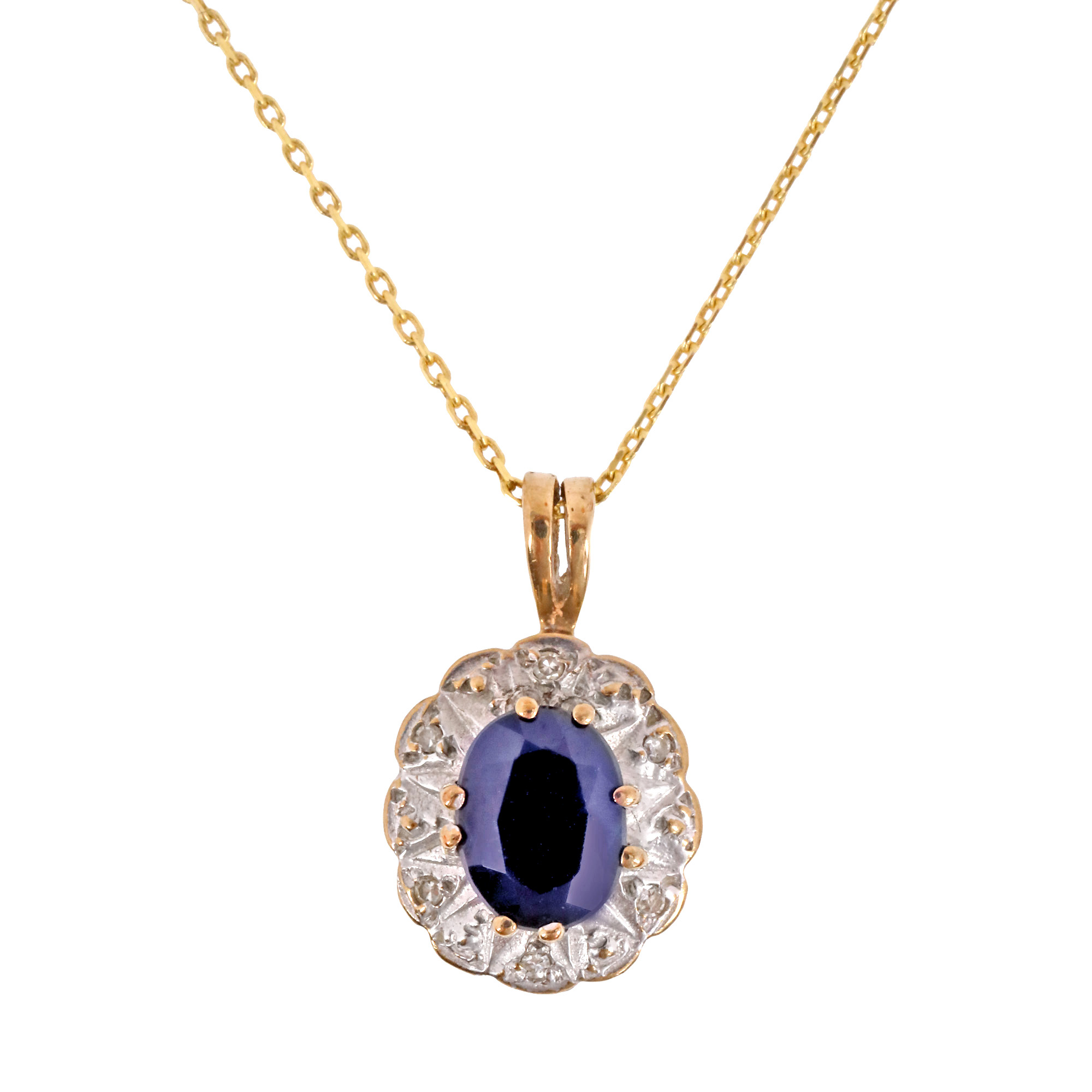 Necklace with gold and silver pendant, decorated with sapphire set with diamonds