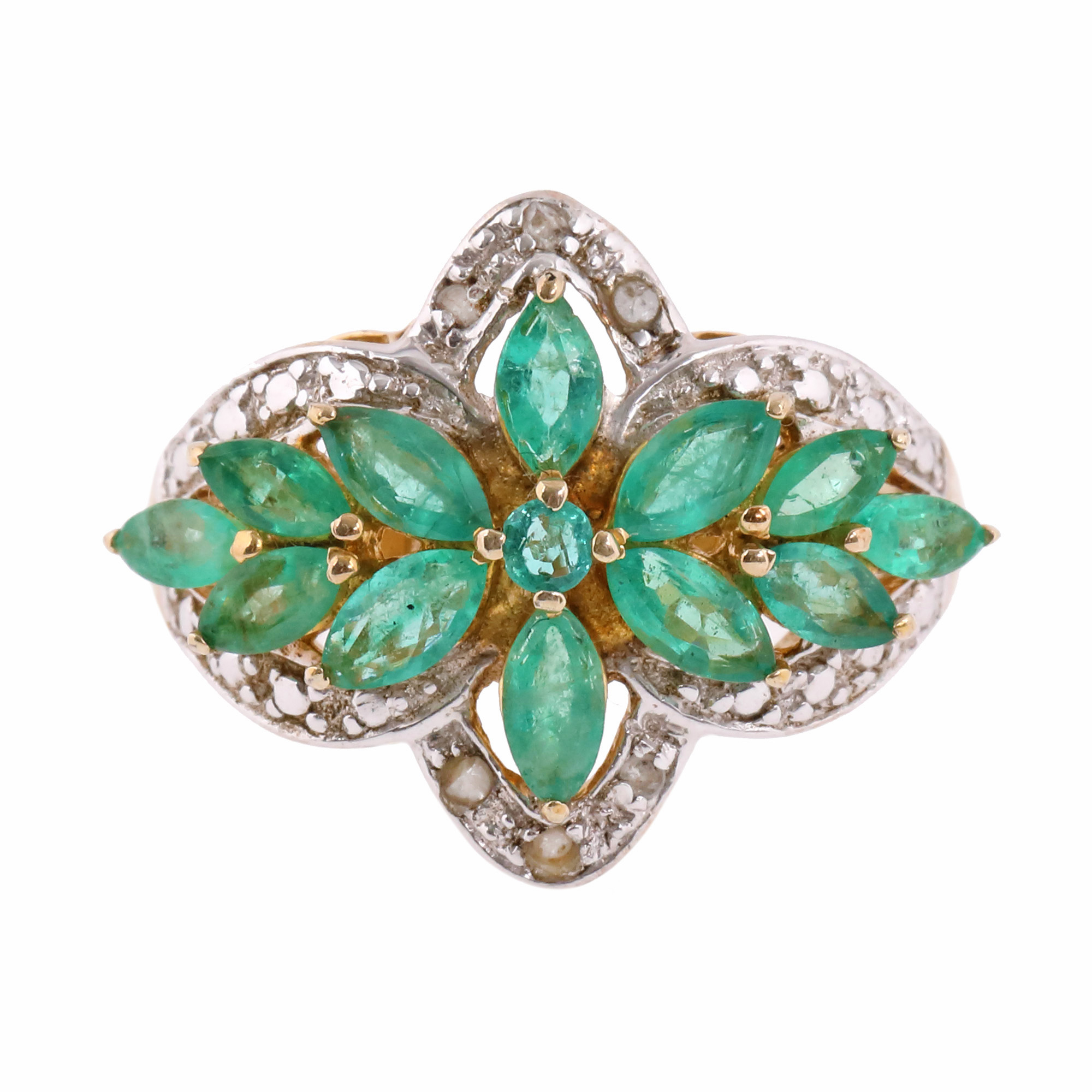 Gilded silver ring, decorated with emeralds and diamonds