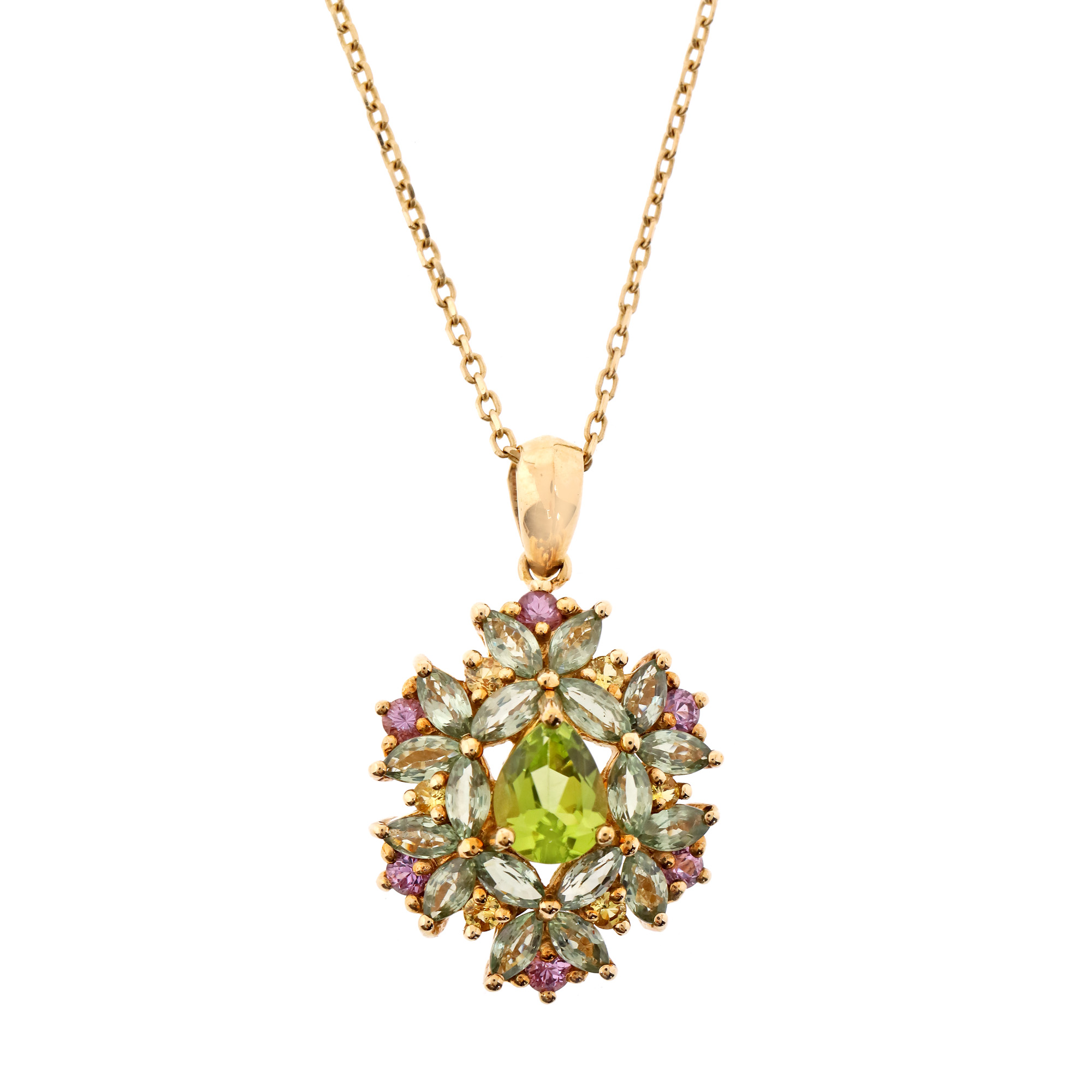 Gold necklace with pendant, decorated with peridot and sapphires