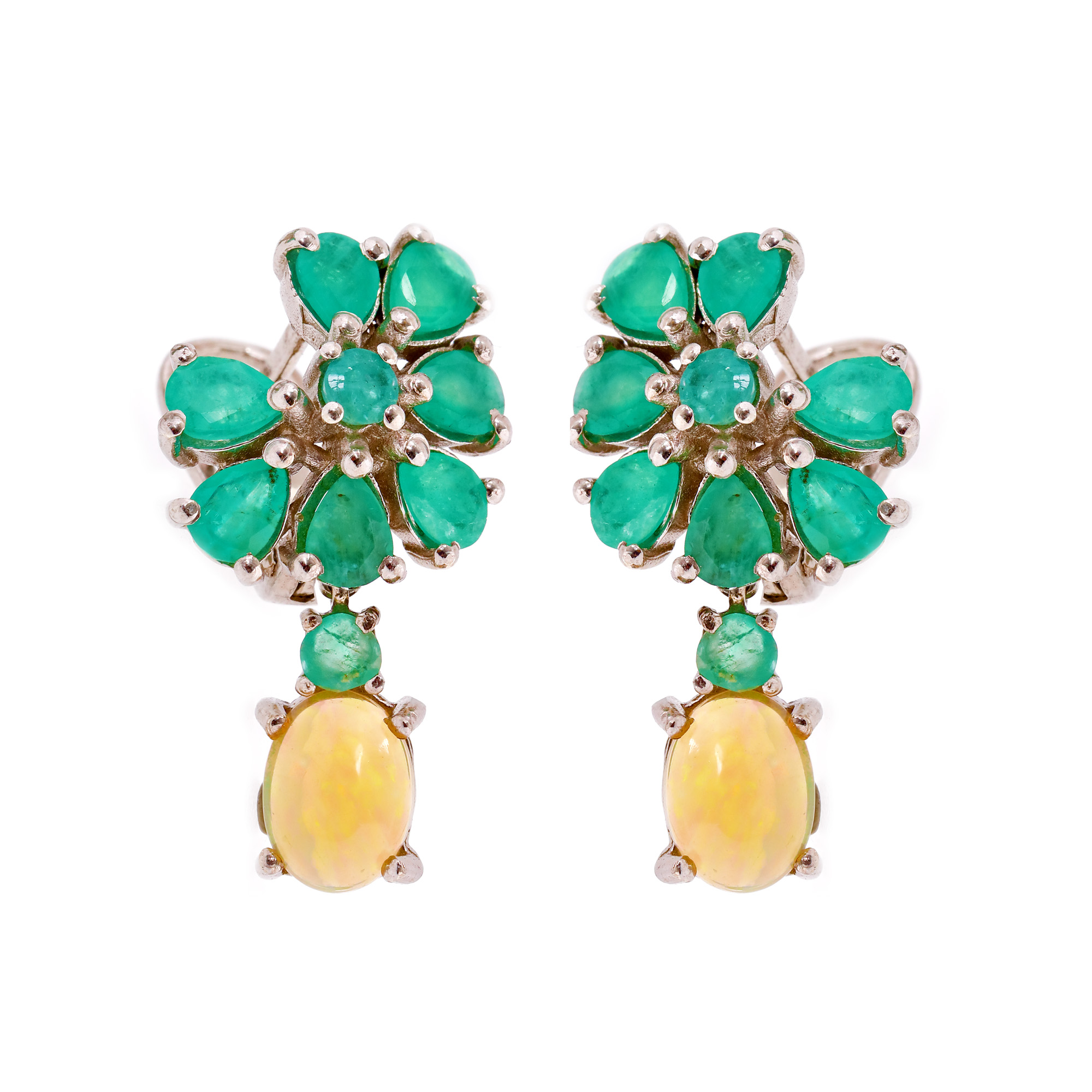Pair of silver earrings, decorated with sapphires and opals