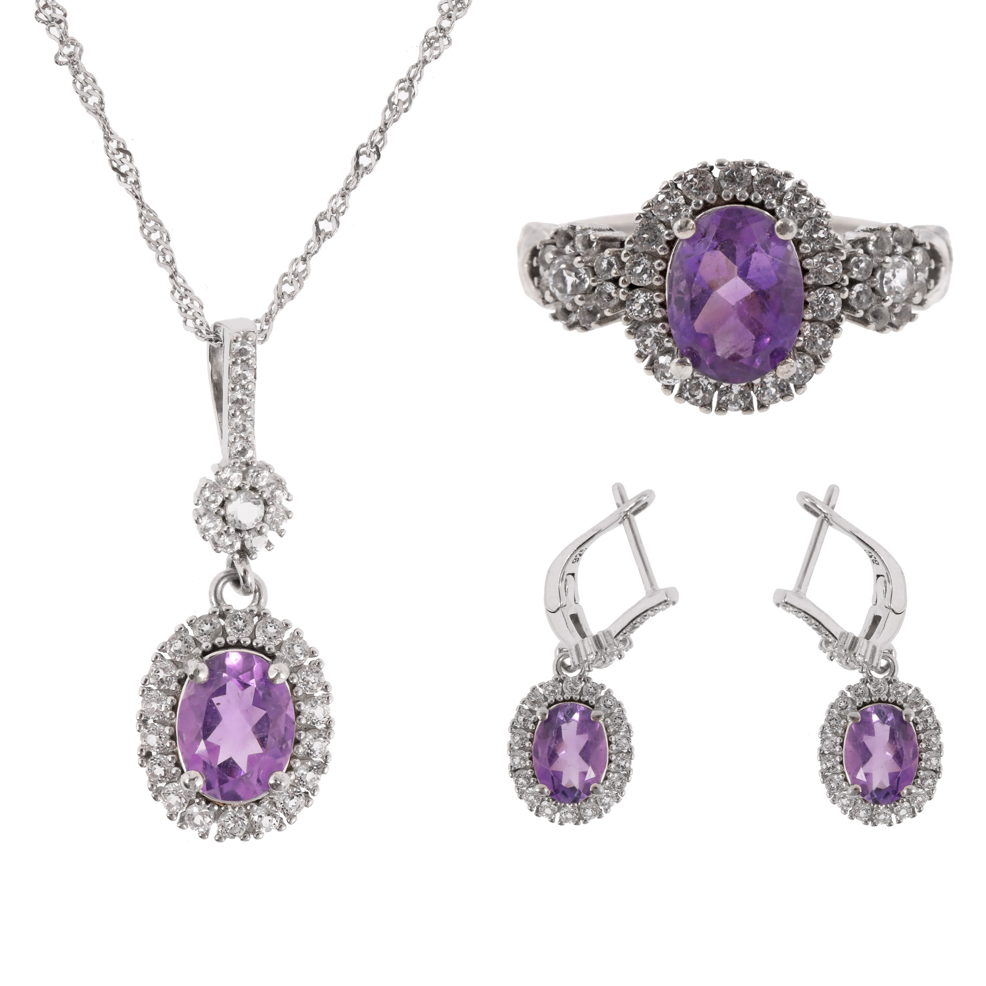 Silver set, consisting of a necklace with pendant, ring and a pair of earrings, decorated with amethysts and topazes