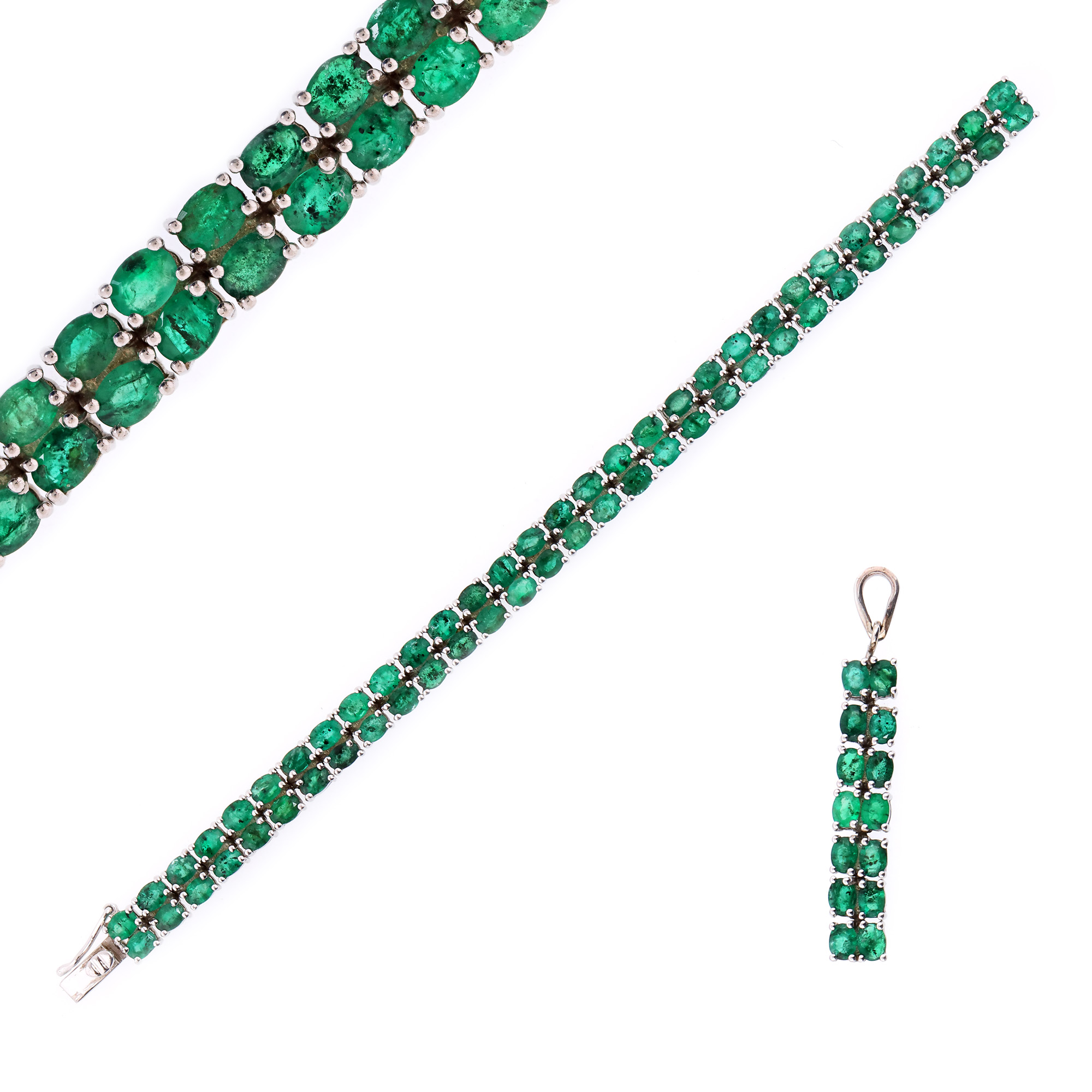 Silver set, consisting of bracelet and pendant, decorated with emeralds