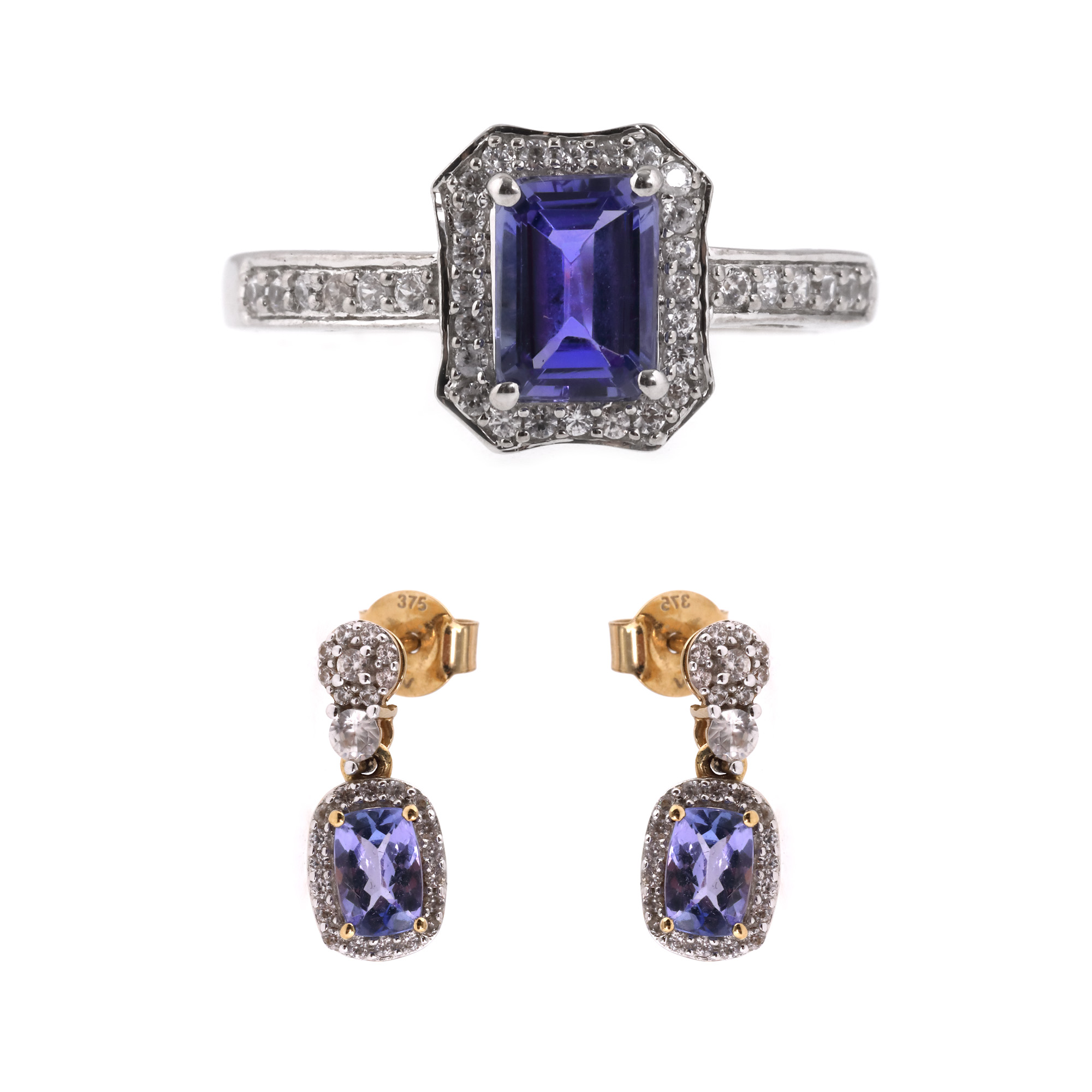 Two-tone gold set, consisting of a pair of earrings and ring, decorated with tanzanites and topazes