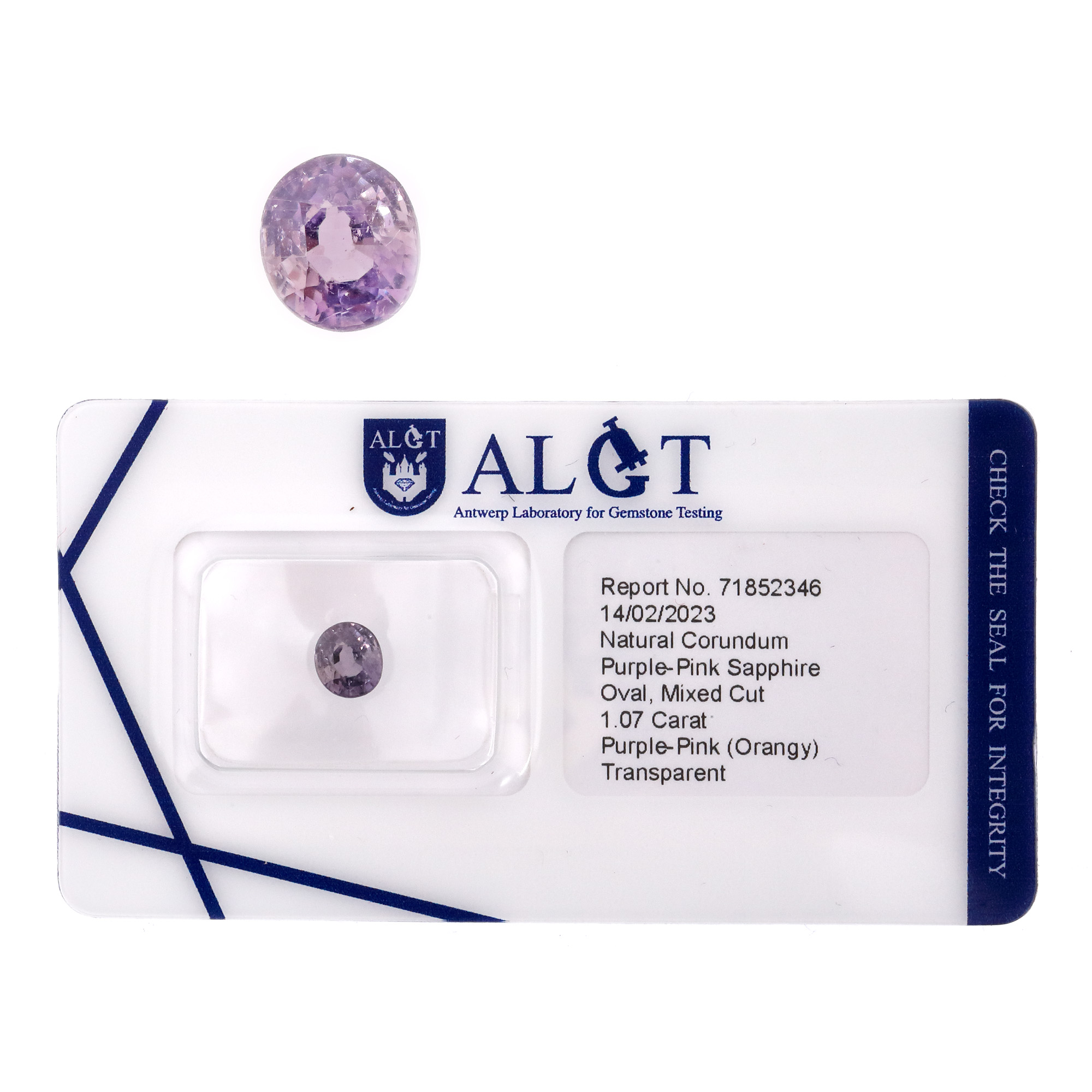 Safir oval de culoare purple-pink, 1,07 ct., însoțit de certificat gemologic ALGT