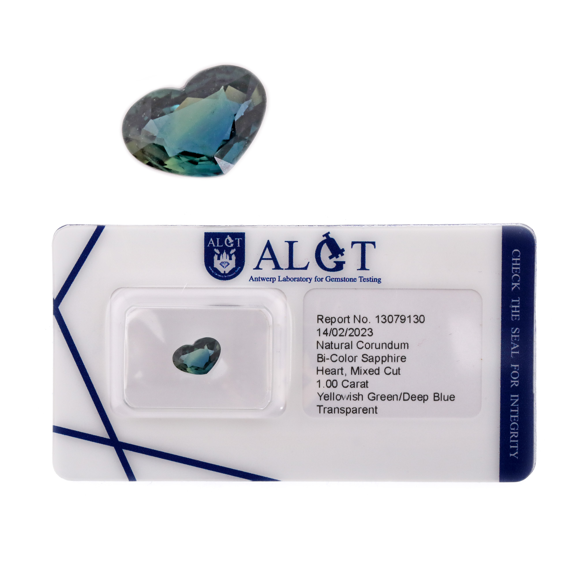 Safir inimă de culoare albastru-verzui, 1 ct., însoțit de certificat gemologic ALGT