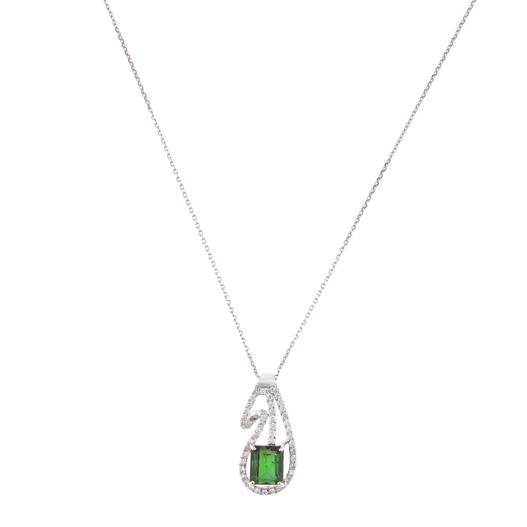 Necklace with white gold pendant, decorated with tourmaline and diamonds