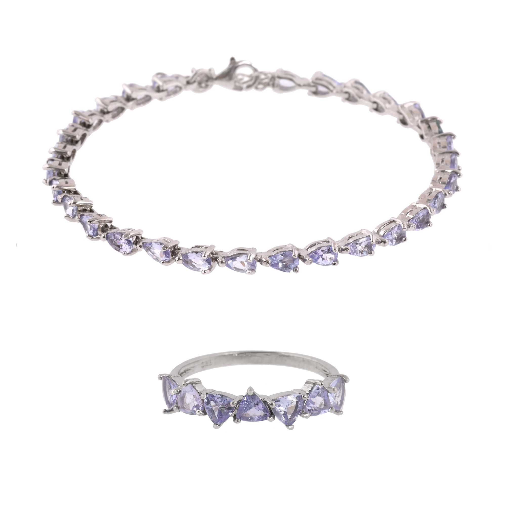 Set din argint, format din brățară și inel, decorat cu tanzanite