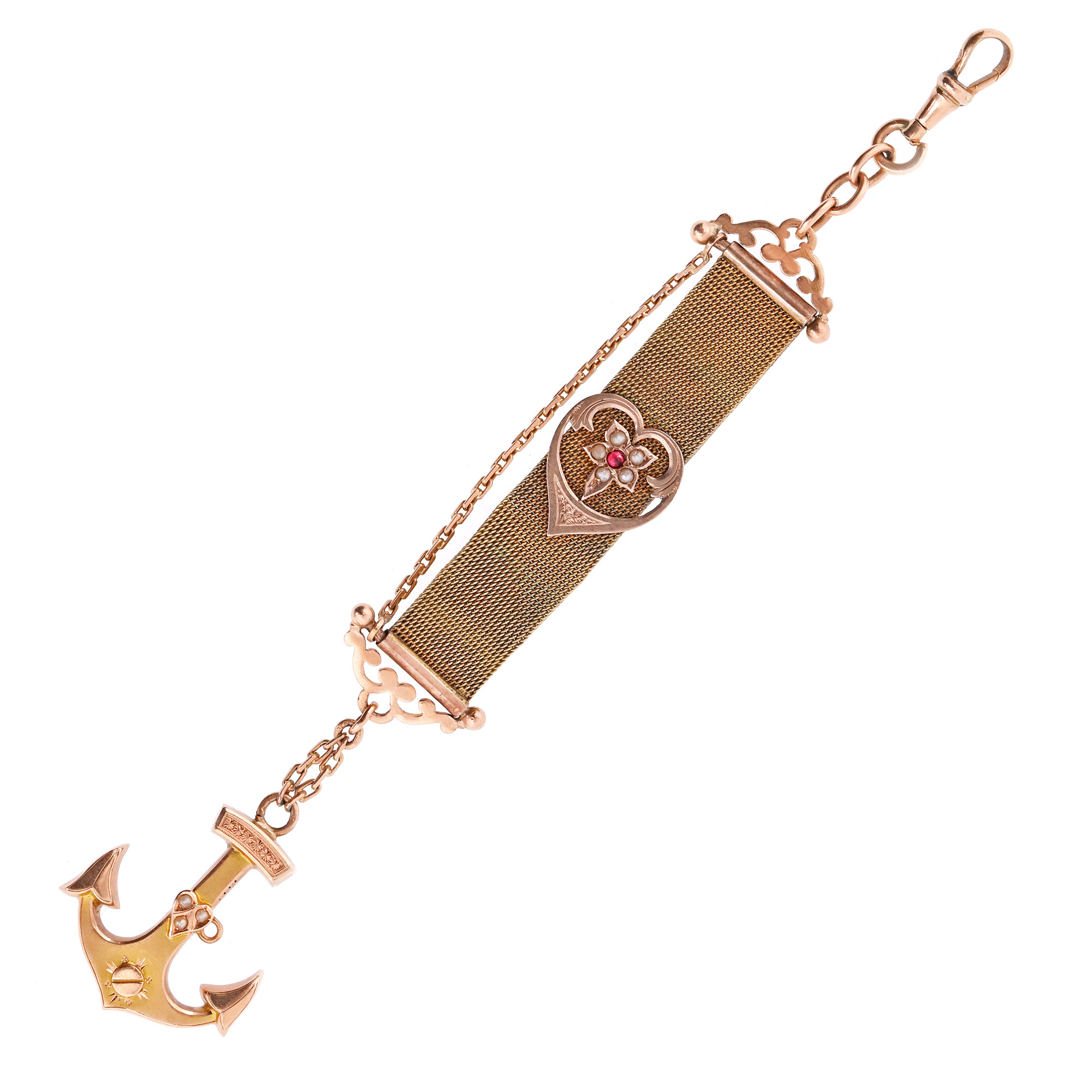 Accesoriu decorativ pentru ceas de buzunar, din aur bicolor, decorat cu mici perle aplicate, cca. 1900