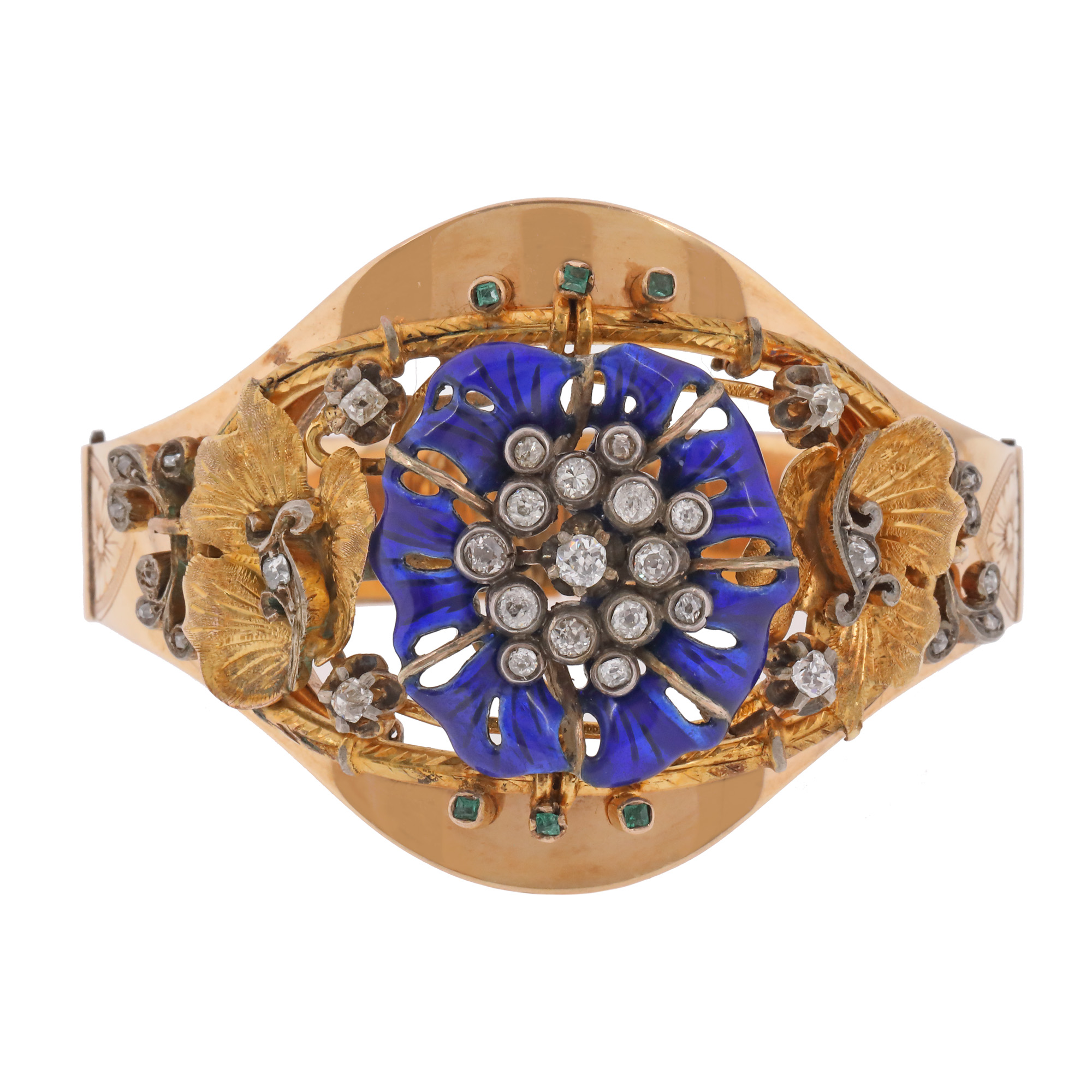 Gold bracelet, decorated with diamonds, emeralds and enamel, approx. 1900