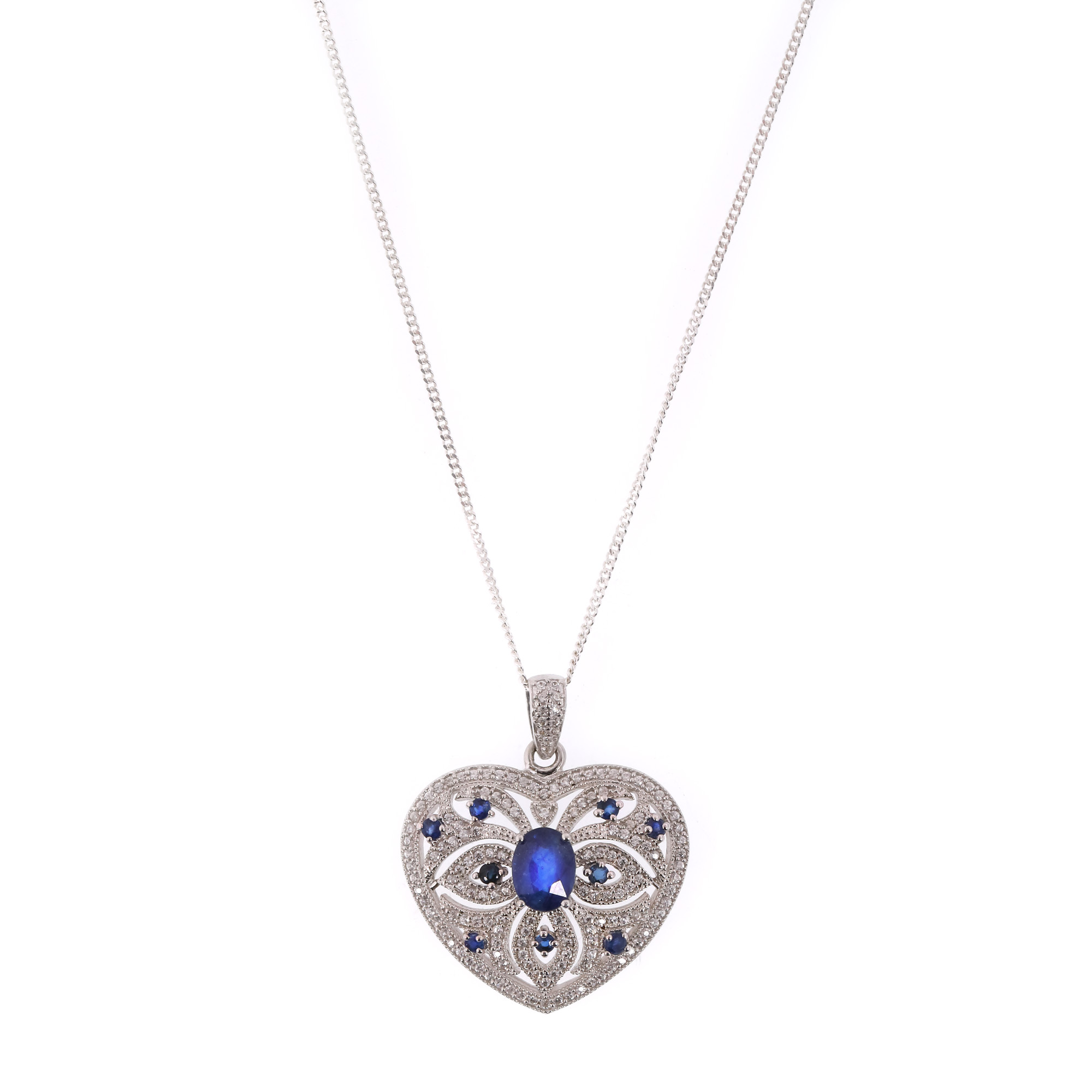 Silver necklace with pendant, decorated with sapphires and topaz